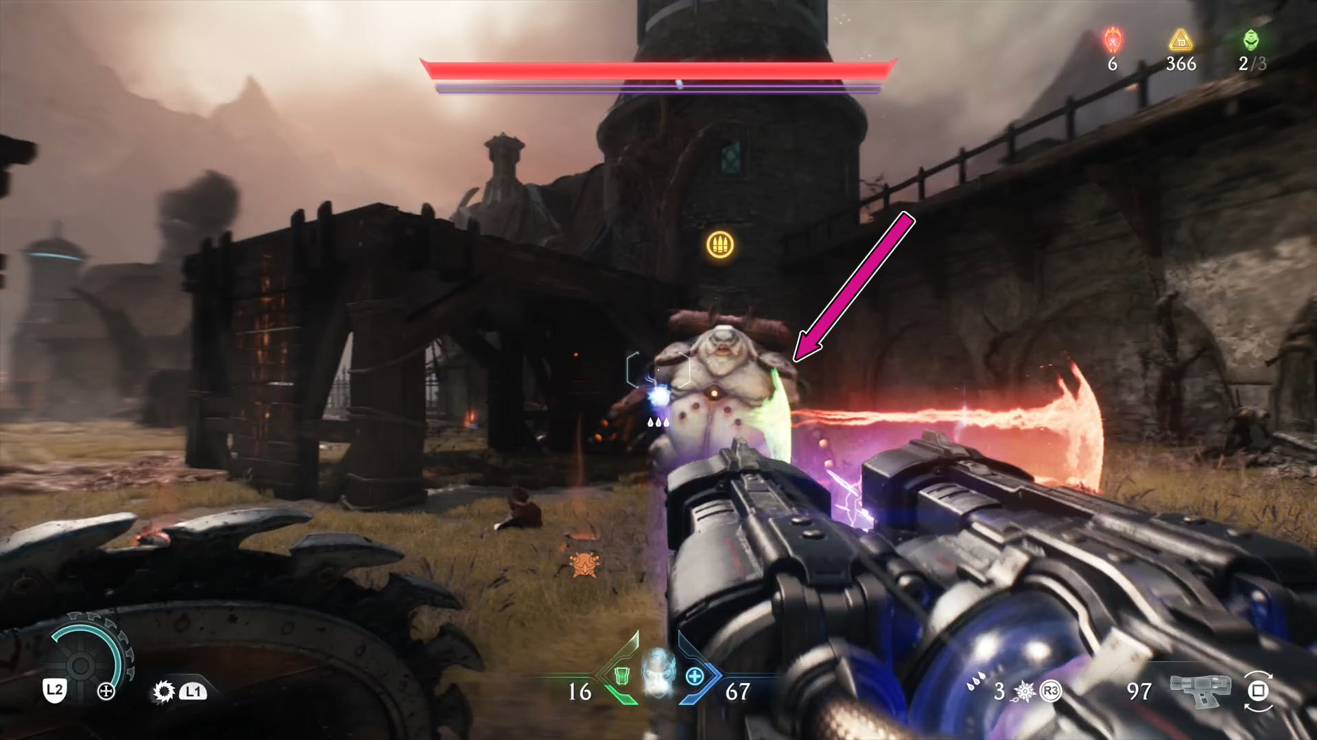 A Doom: The Dark Ages screenshot showing where to parry in the Mancubus’s attack. A Doom: The Dark Ages screenshot showing where to parry in the Mancubus’s attack.