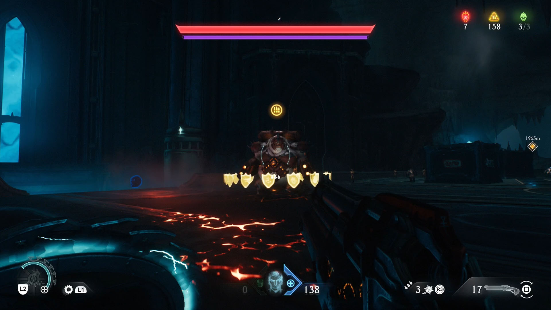 A Doom: The Dark Ages screenshot showing an armored Mancubus demon revolved by shield icons. A Doom: The Dark Ages screenshot showing an armored Mancubus demon revolved by shield icons.