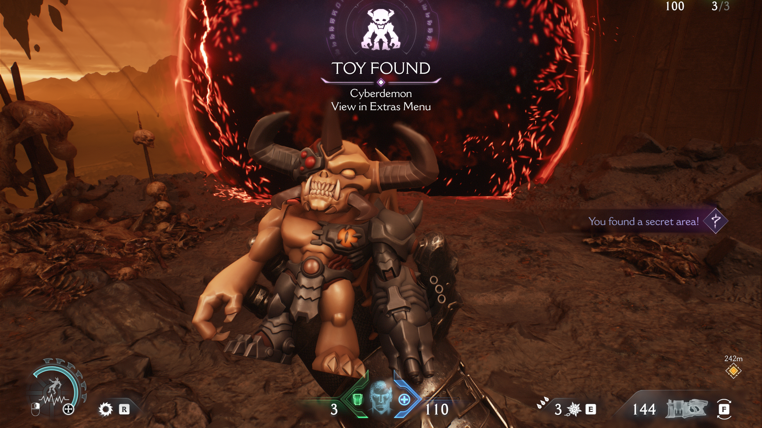 Doom: The Dark Ages missions list - Picking up a Cyberdemon collectible toy next to a portal.