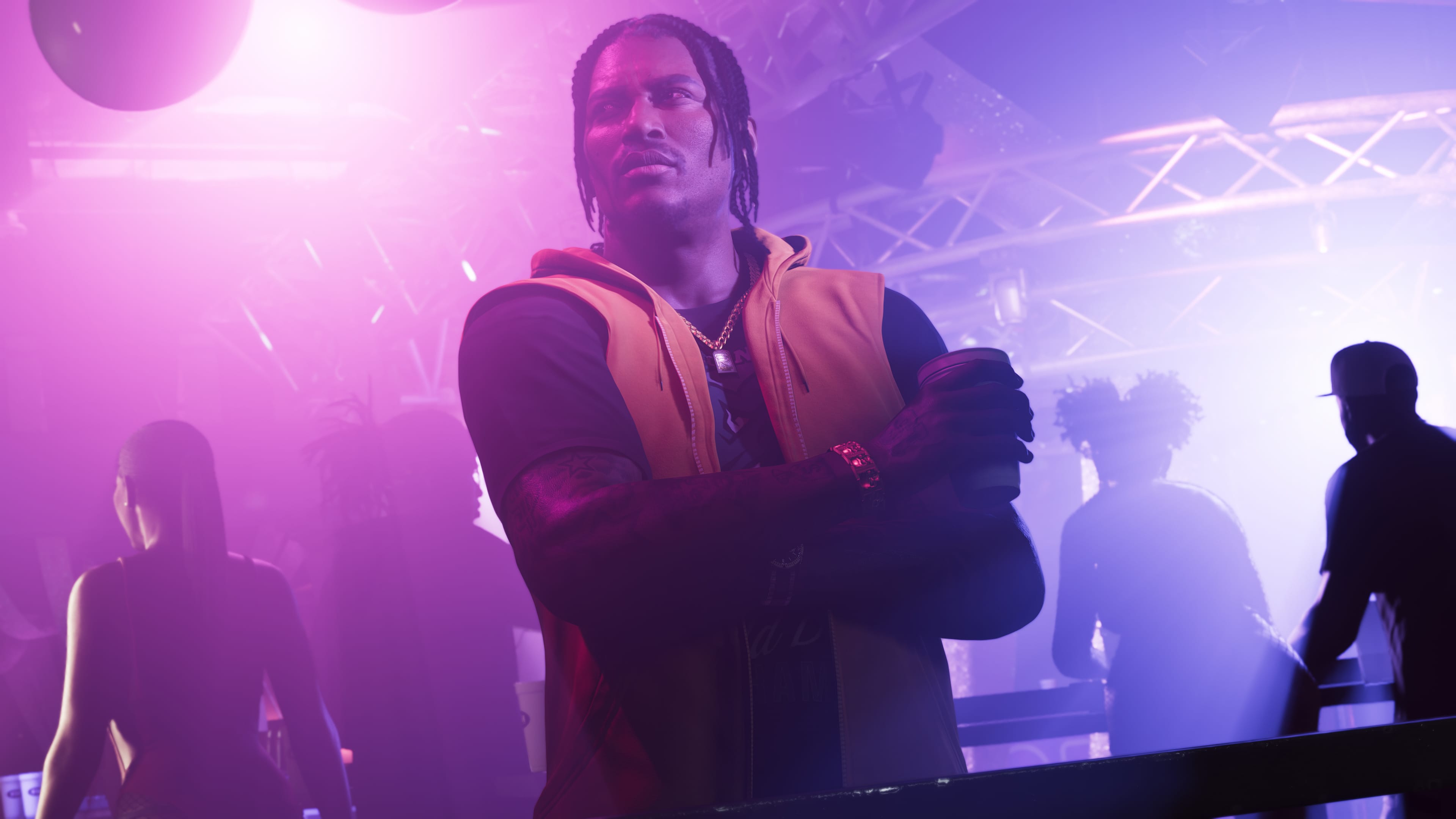 Dre-Quan Priest stands in a purple smoky club in GTA 6 Dre-Quan Priest stands in a purple smoky club in GTA 6