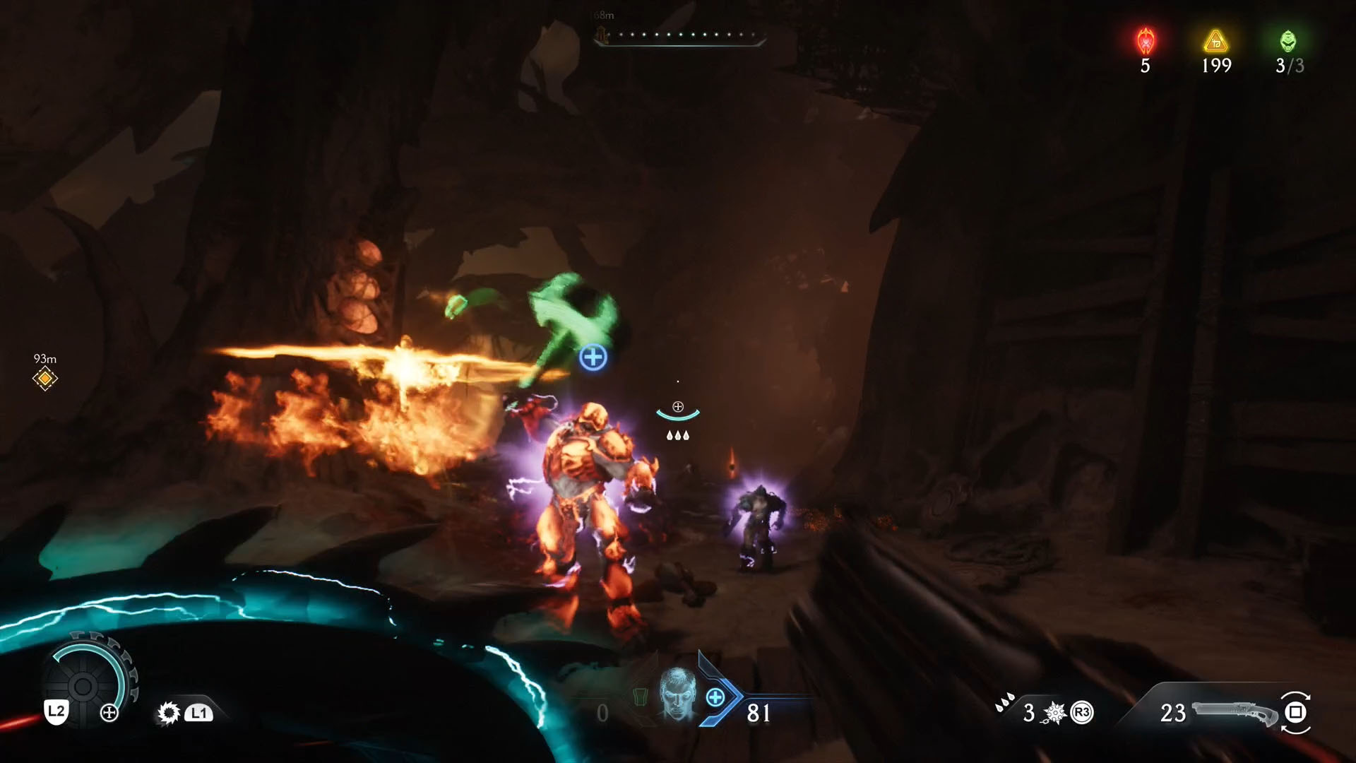 A Doom: The Dark Ages screenshot showing a Hell Knight with their armor all red and throwing an axe of green energy. A Doom: The Dark Ages screenshot showing a Hell Knight with their armor all red and throwing an axe of green energy.