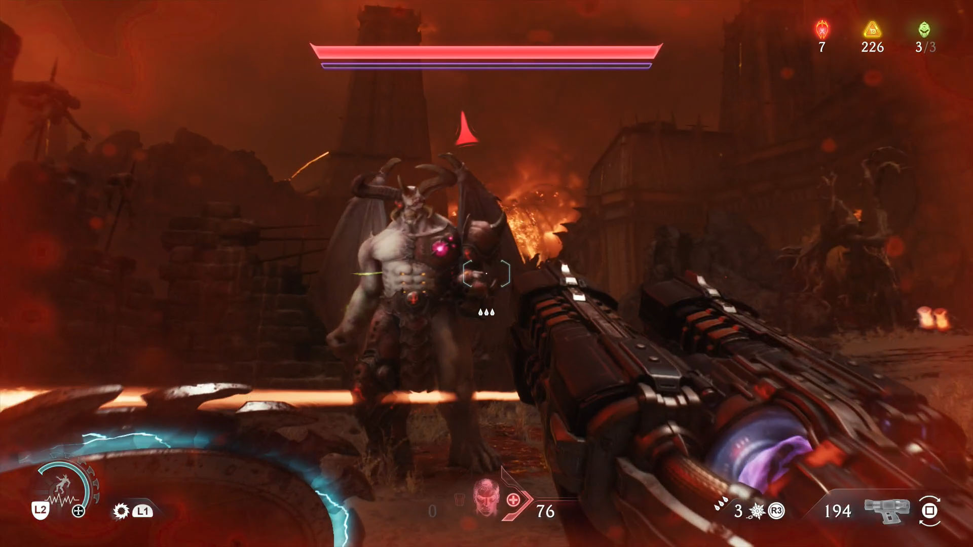 A Doom: The Dark Ages screenshot showing a Cyberdemon, the leader of chapter 10 who gives you a Health upgrade. A Doom: The Dark Ages screenshot showing a Cyberdemon, the leader of chapter 10 who gives you a Health upgrade.