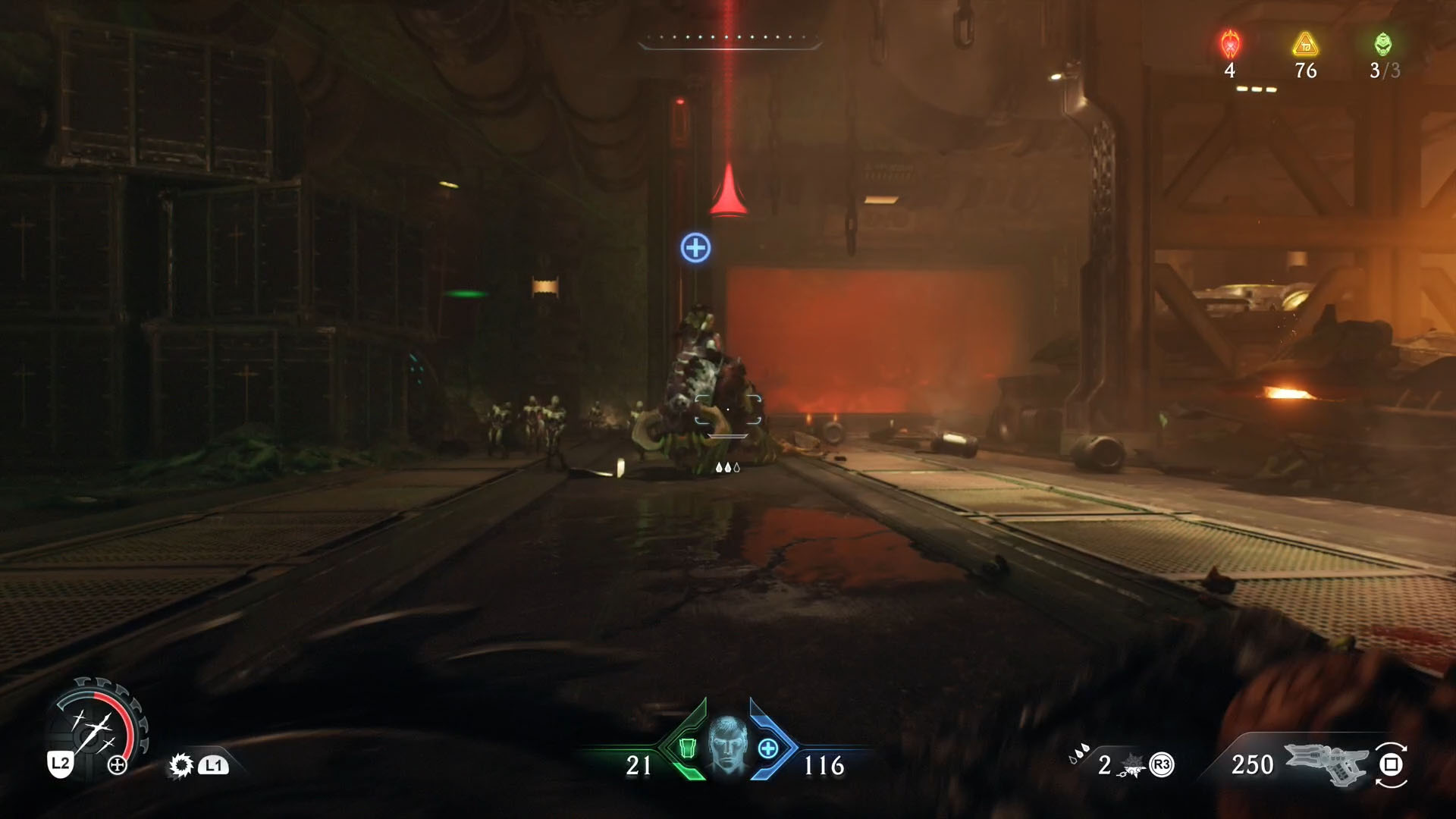 A Doom: The Dark Ages screenshot showing the leader of chapter 12, an armored Pinky Rider. A Doom: The Dark Ages screenshot showing the leader of chapter 12, an armored Pinky Rider.