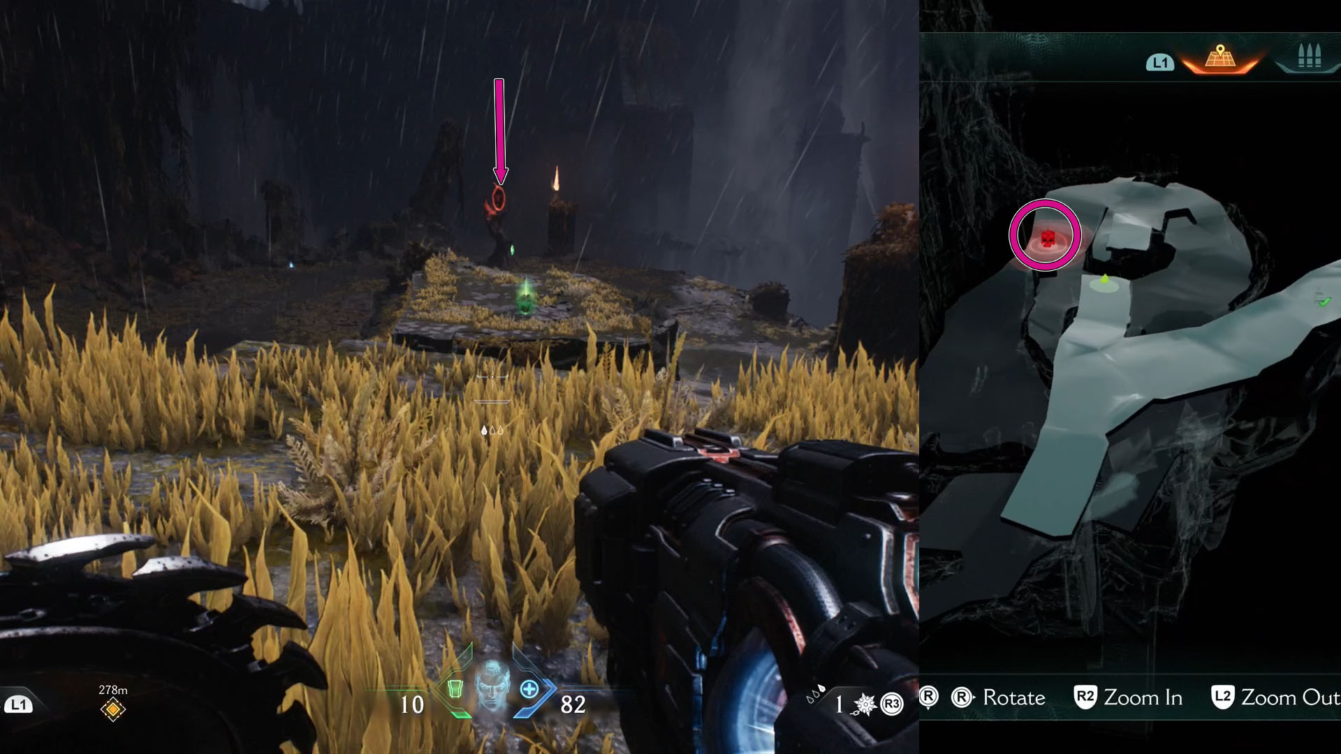 a montage with two Doom: The Dark Ages screenshots. On the left side, you see a pink arrow pointing to a tree and on the right side the area represented in map form. a montage with two Doom: The Dark Ages screenshots. On the left side, you see a pink arrow pointing to a tree and on the right side the area represented in map form.