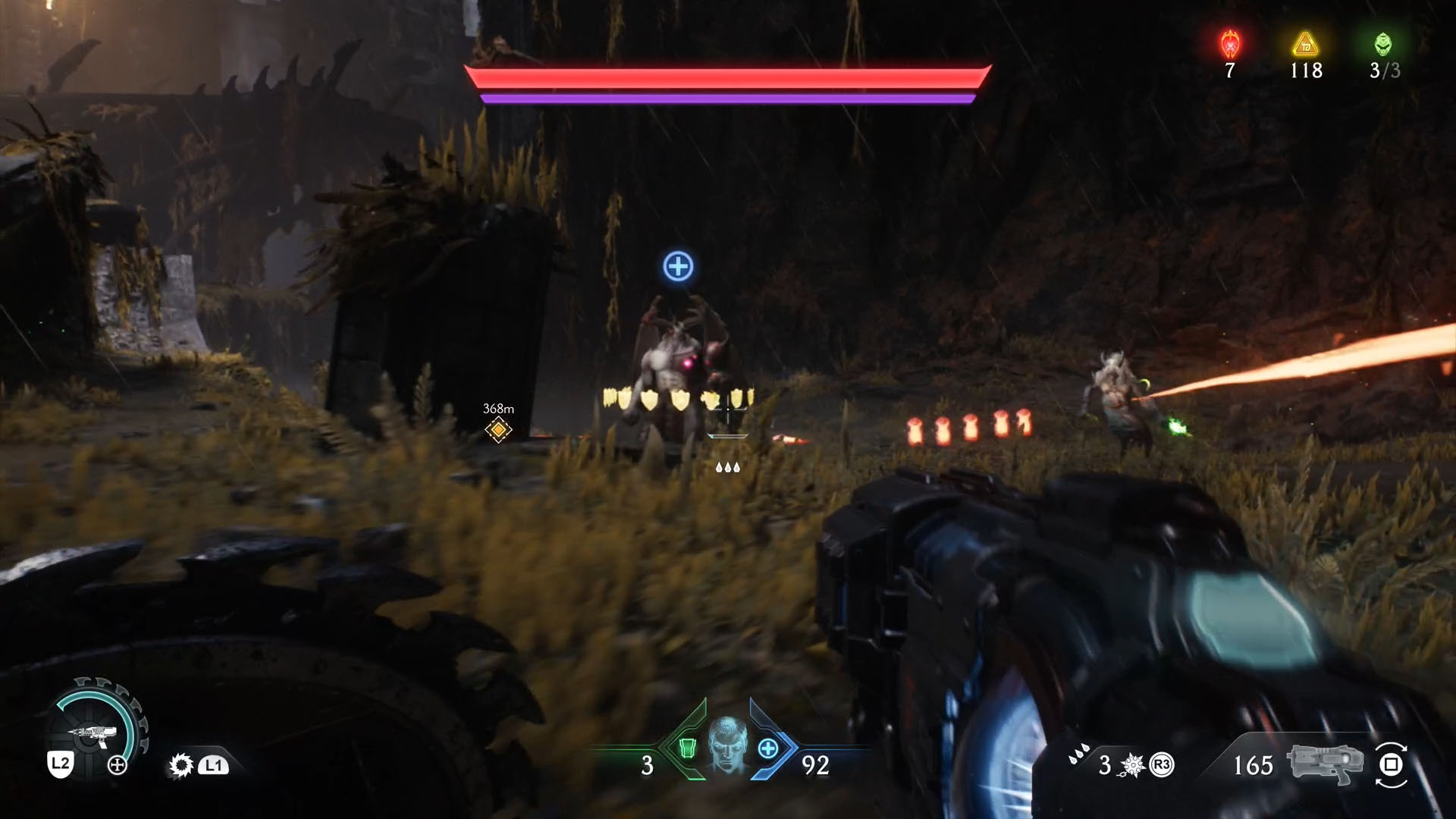 A Doom: The Dark Ages screenshot showing the chapter 14 leader, a Cyberdemon surrounded by shield icons indicating their morale bar hasn’t been depleted yet. A Doom: The Dark Ages screenshot showing the chapter 14 leader, a Cyberdemon surrounded by shield icons indicating their morale bar hasn’t been depleted yet.