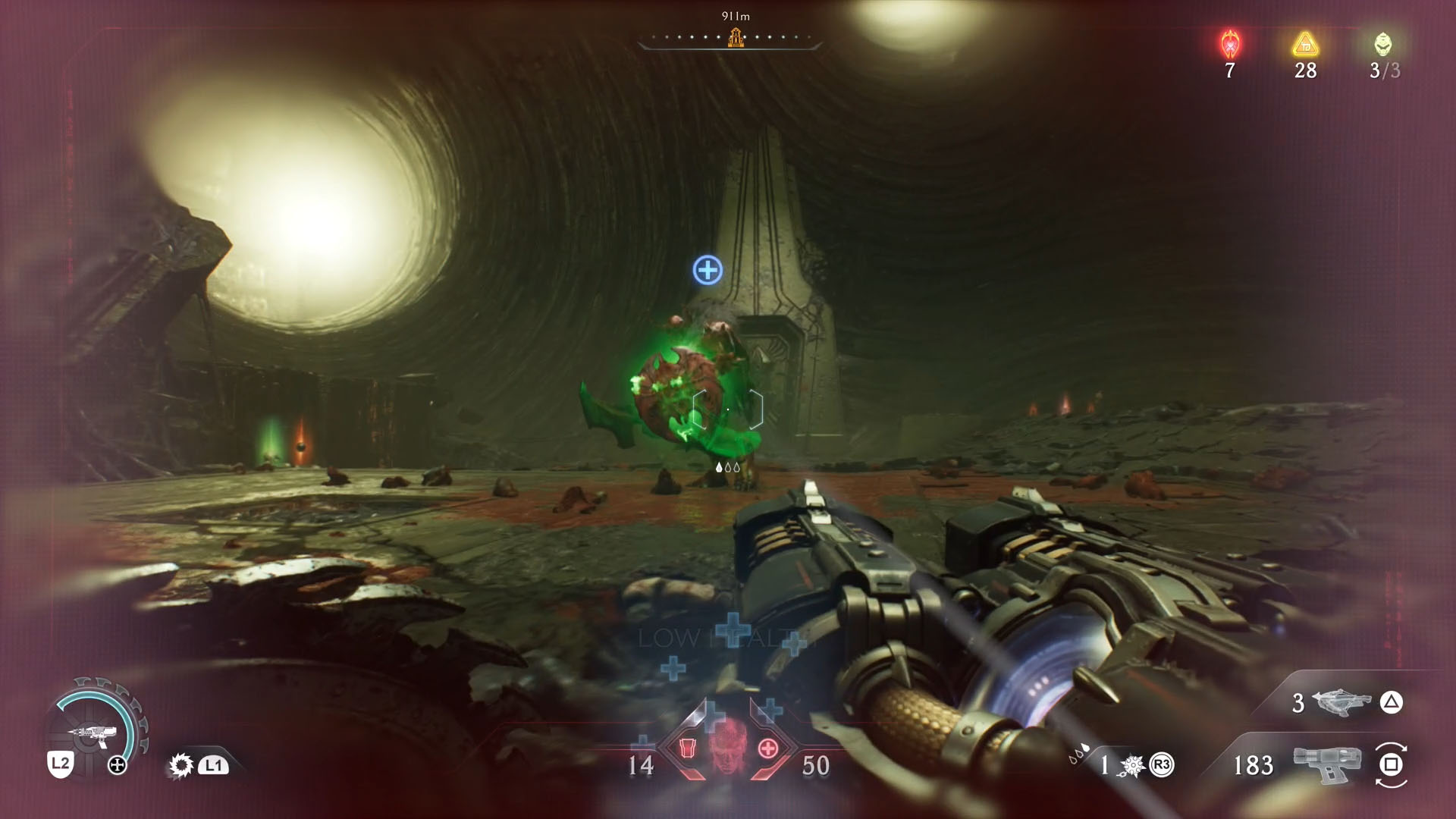 A Doom: The Dark Ages screenshot showing the leader of chapter 15, an Agaddon Hunter holding a shield glowing in green. A Doom: The Dark Ages screenshot showing the leader of chapter 15, an Agaddon Hunter holding a shield glowing in green.