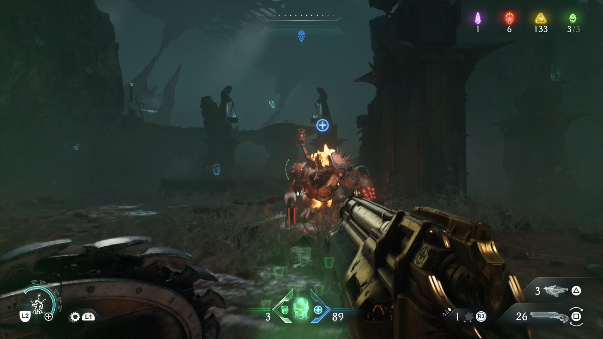 A Doom: The Dark Ages screenshot of the leader in chapter 19, a Komodo, a giant monkey-like creature wearing armor. A Doom: The Dark Ages screenshot of the leader in chapter 19, a Komodo, a giant monkey-like creature wearing armor.