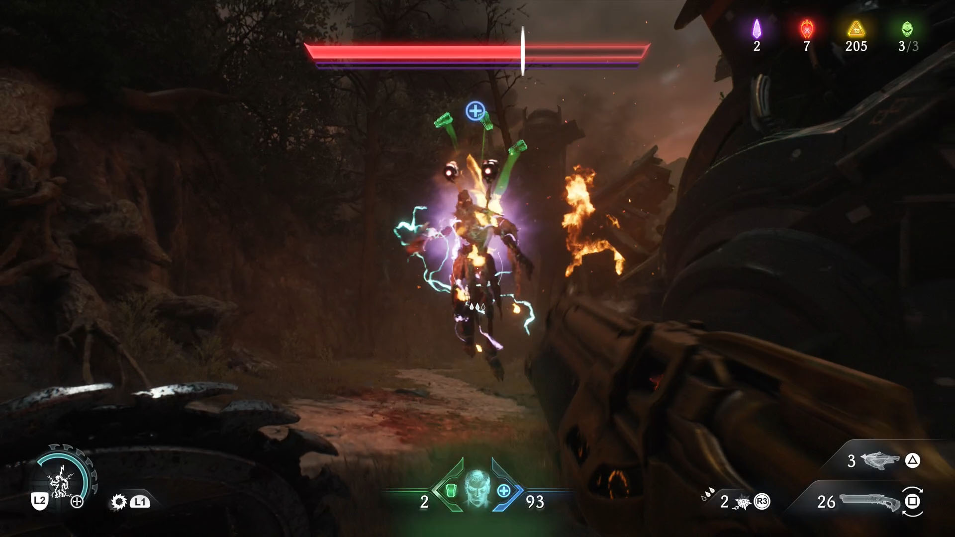 A Doom: The Dark Ages screenshot showing the leader of Chapter 20, a Revenant. They are on burning due and dropping green translucent Armor orbs. A Doom: The Dark Ages screenshot showing the leader of Chapter 20, a Revenant. They are on burning due and dropping green translucent Armor orbs.