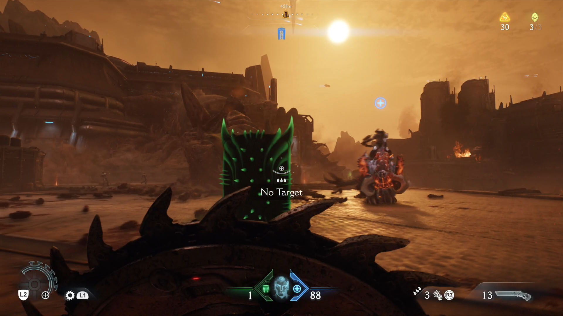 Image showing a magical green shield floating toward the play. This is an attack of the leader found in Hebeth, the second level in Doom: The Dark Ages. Image showing a magical green shield floating toward the play. This is an attack of the leader found in Hebeth, the second level in Doom: The Dark Ages.