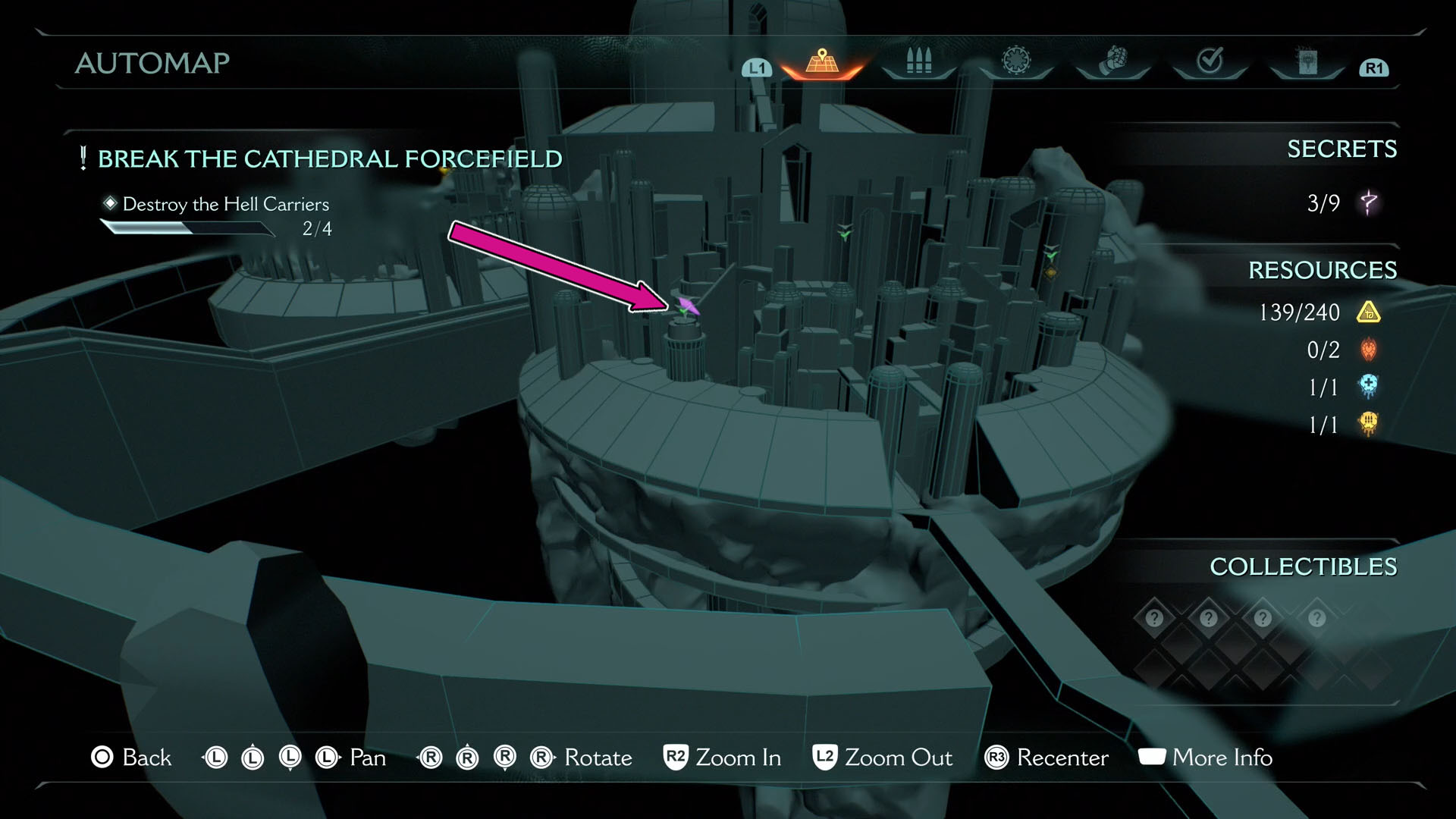 A Doom: The Dark Ages screenshot showing the location in Chapter 5 of the secret landing zone on the map. A Doom: The Dark Ages screenshot showing the location in Chapter 5 of the secret landing zone on the map.