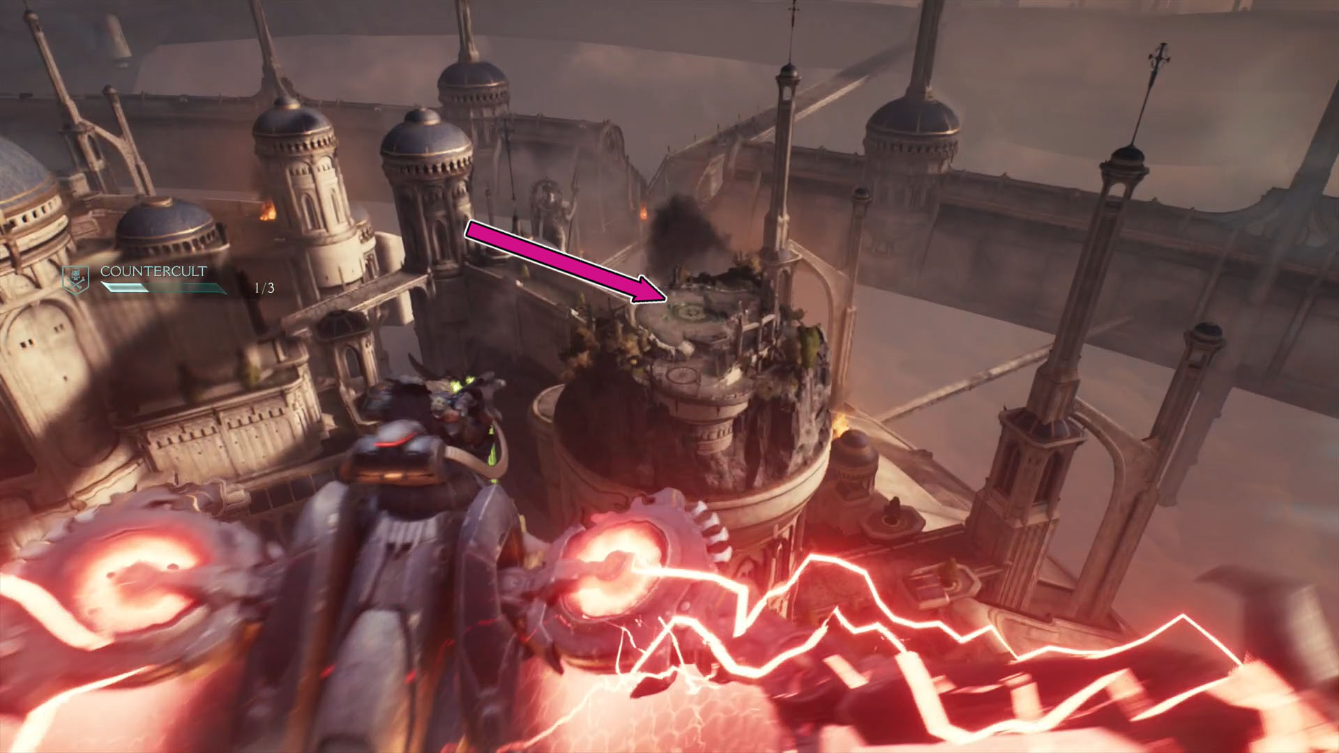 A Doom: The Dark Ages screenshot showing the tower where you can land with your cyberdragon in Chapter 5. A Doom: The Dark Ages screenshot showing the tower where you can land with your cyberdragon in Chapter 5.