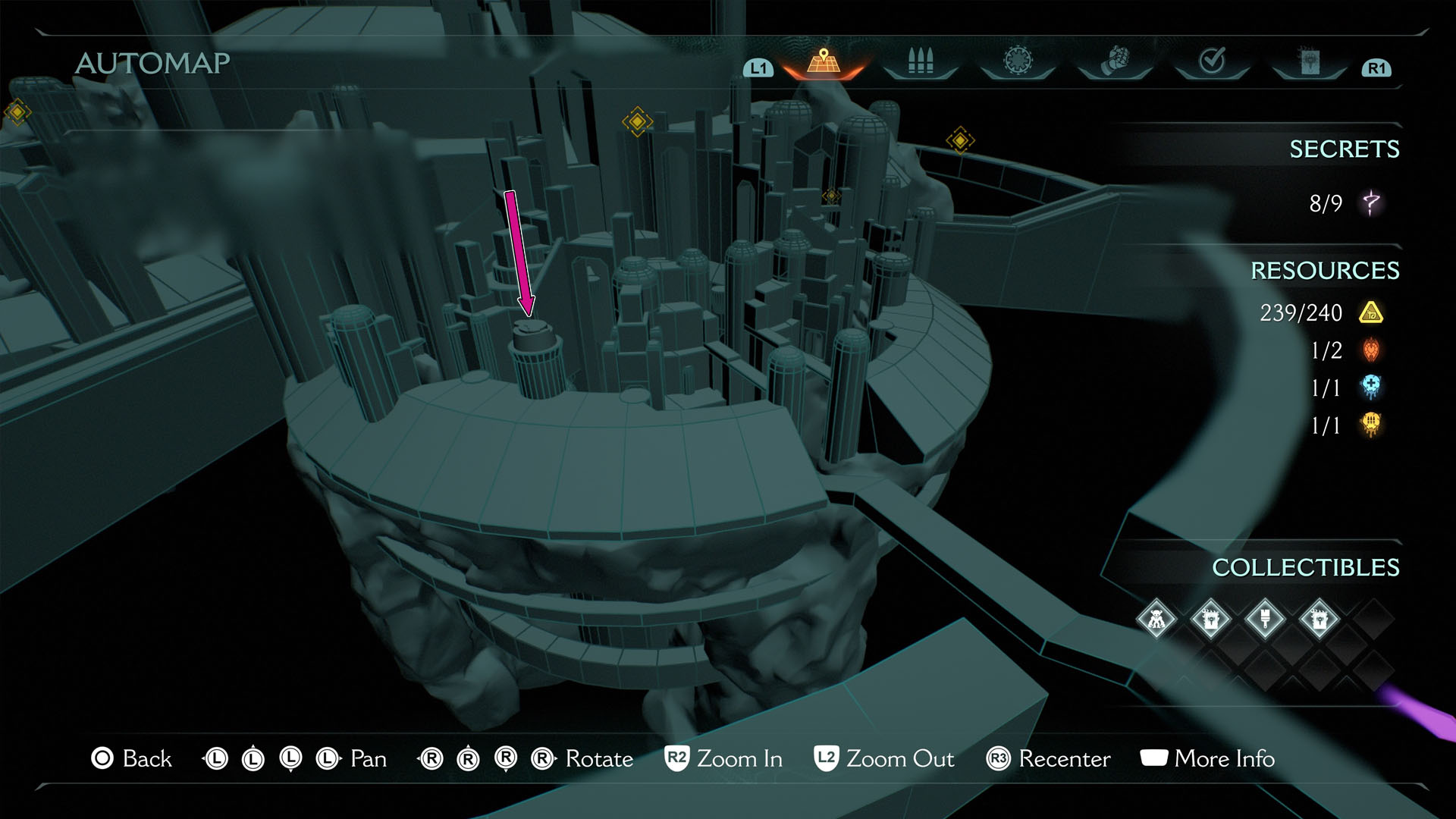 The image shows a representation of the Holy City of Aratum in 3D. I tis a map and an pink arrow marks a tower on the left side where the first secret landing spot is located.