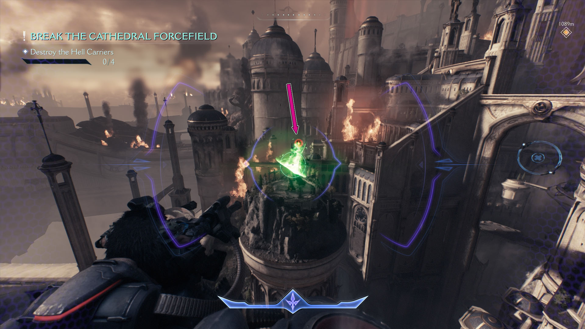 A screenshot of Doom: The Dark Ages showing the main character aiming their dragon’s gun to a Titan, a giant demon, who is shooting an arrow of green demonic energy.