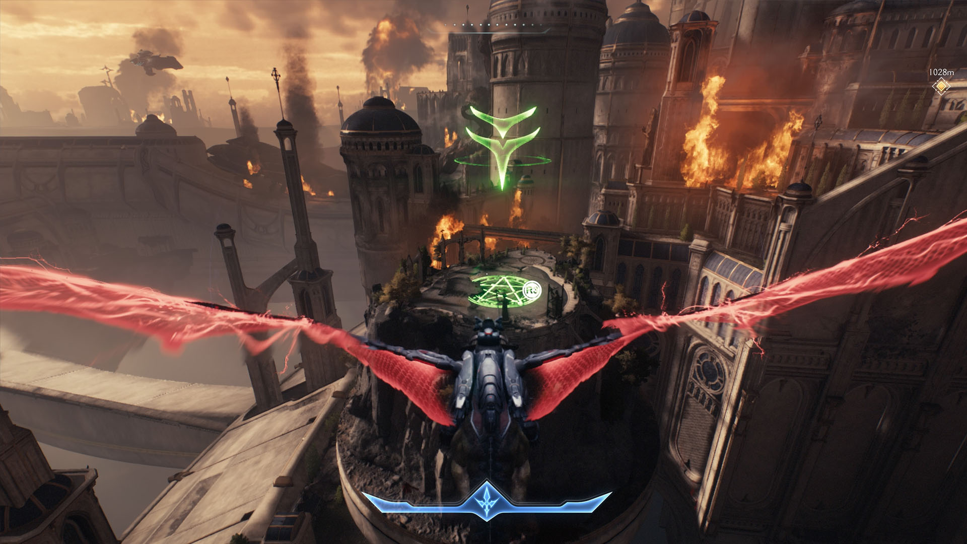 A screenshot from Doom: The Dark Ages showing a landing spot marked by a green arrow and the main character hovering in front of it on the back a dragon.
