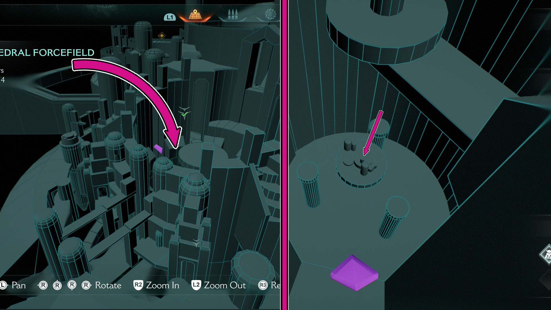 A montage with two images showing the location of the second secret landing spot in Doom: The Dark Ages’ Chapter 5. On the left side, a pink arrow indicates one must go to the lowest part of the map. On the right side of the image, we see the 3D representation of a circular area and three pillars around it.