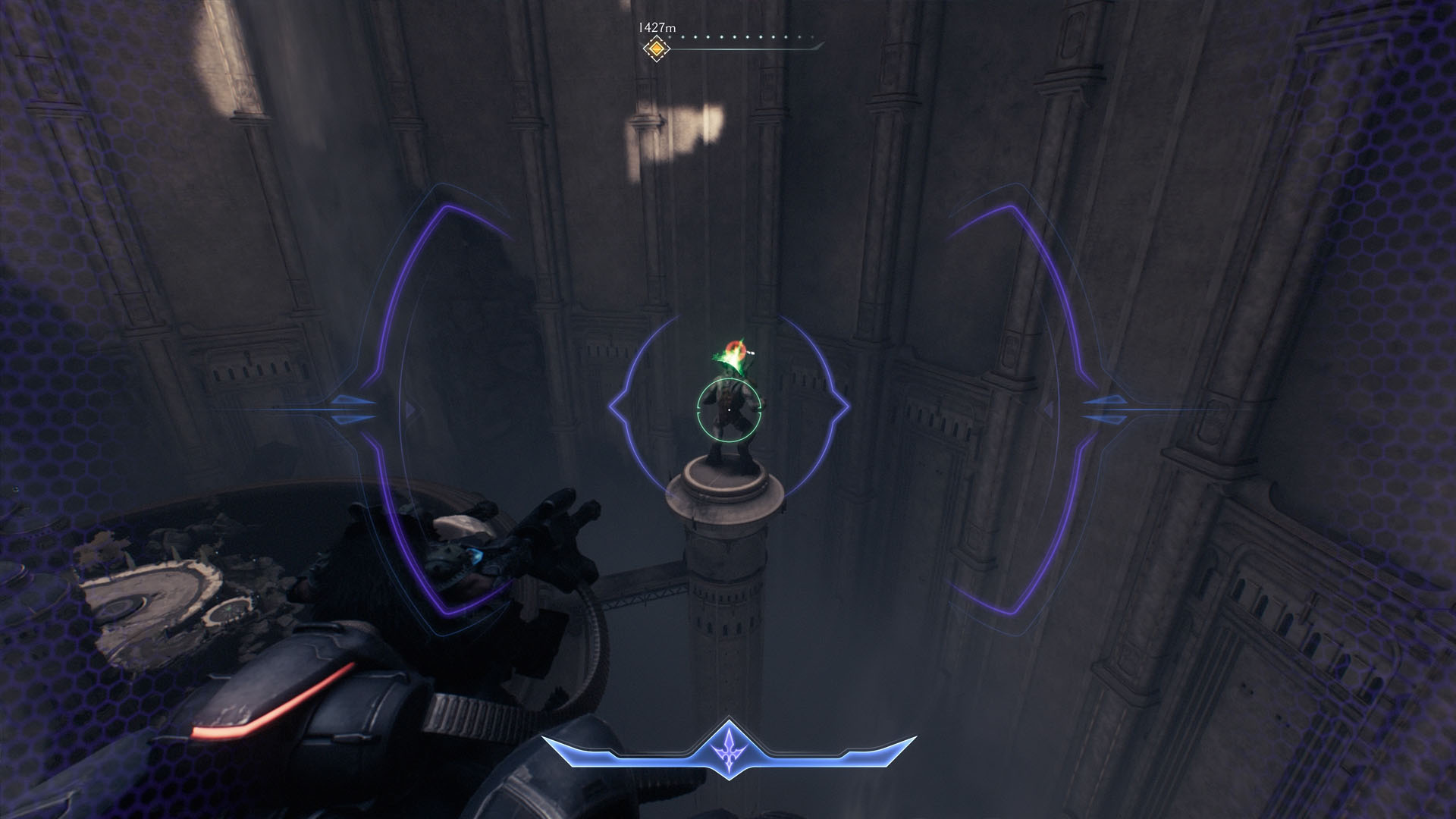 The image shows a HUD that pops up when you aim with your dragon in Doom: The Dark Ages. The aim is locked at a Titan who is protecting the second secret landing spot in Chapter 5