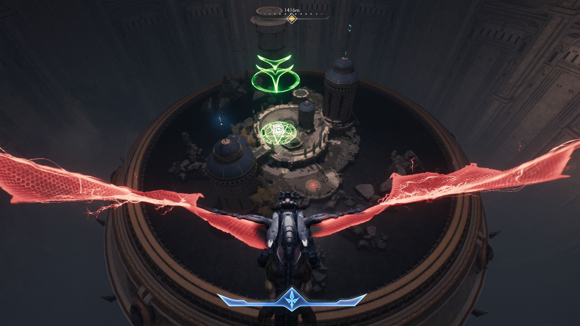 You see the Doom Slayer in Doom: The Dark Ages riding a cyber-dragon and flying toward a circular area. There is a green arrow showing where the landing spot is .