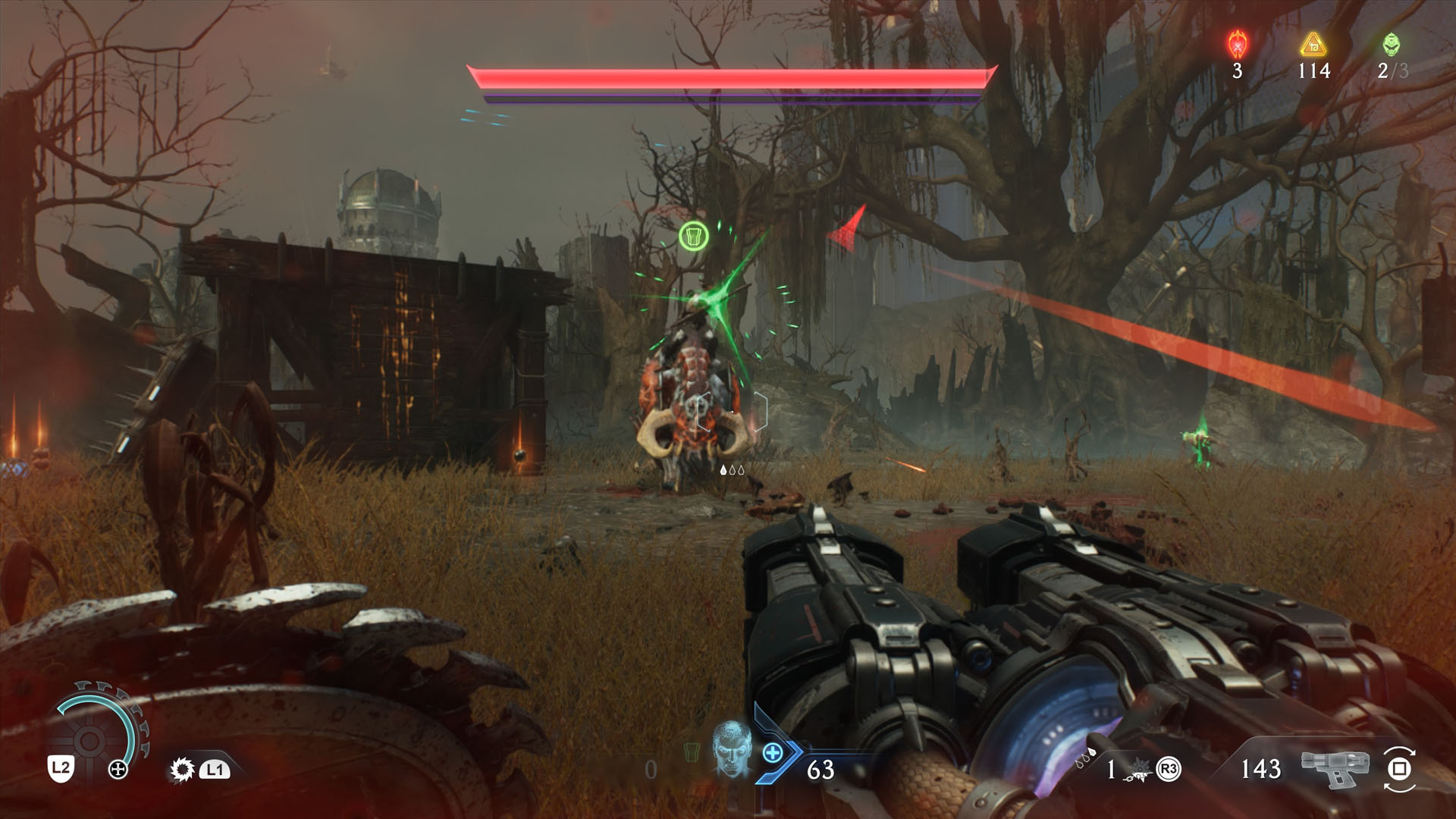 A Doom: The Dark Ages screenshot showing an enemy charing an attack marked by a green light. They are riding an armored hellhound. A Doom: The Dark Ages screenshot showing an enemy charing an attack marked by a green light. They are riding an armored hellhound.