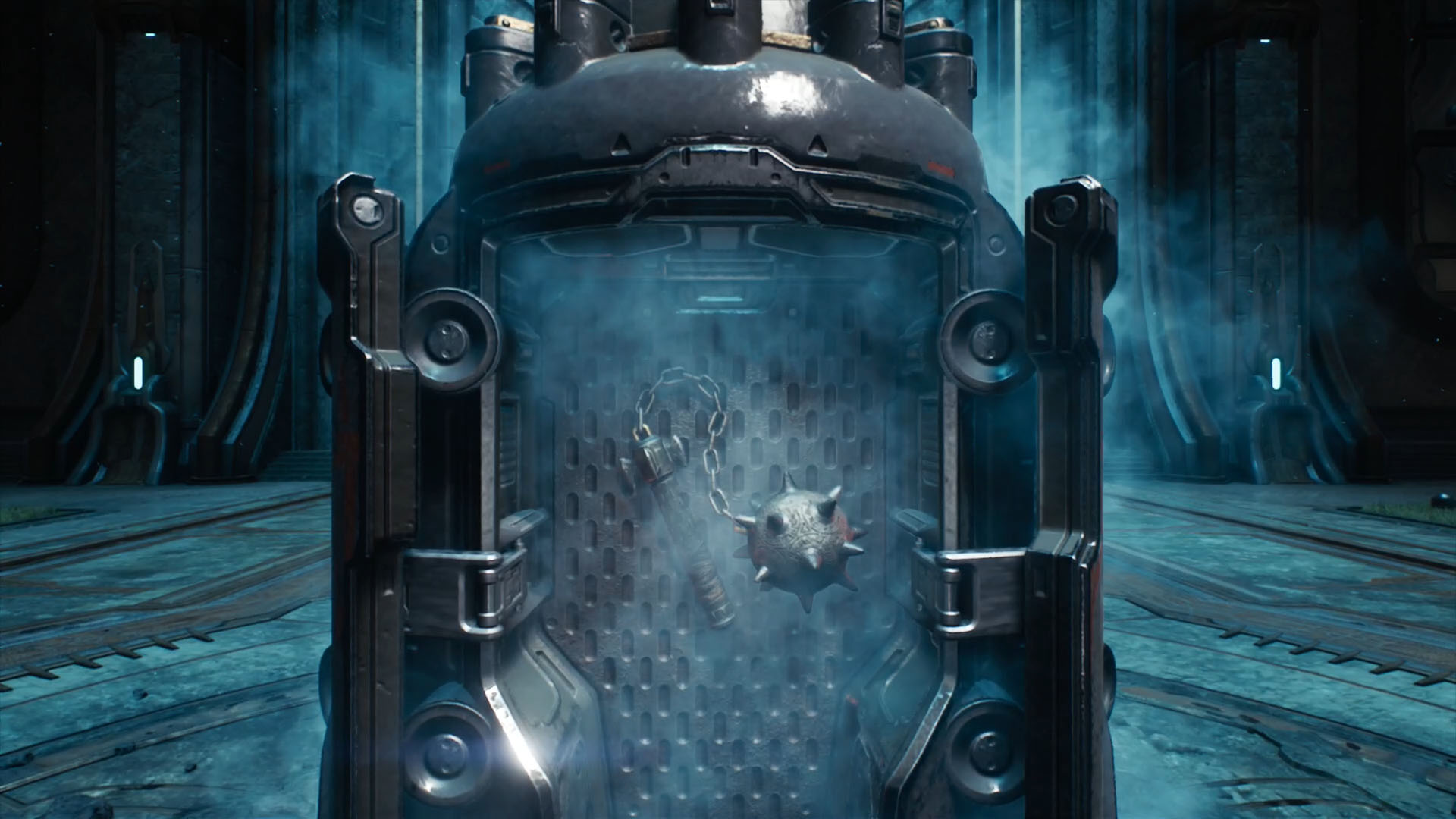 You see a traditional flail, a metal sphere with spikes connected by a chain to a holder. This is one of the melee weapons in Doom: The Dark Ages. You see a traditional flail, a metal sphere with spikes connected by a chain to a holder. This is one of the melee weapons in Doom: The Dark Ages.