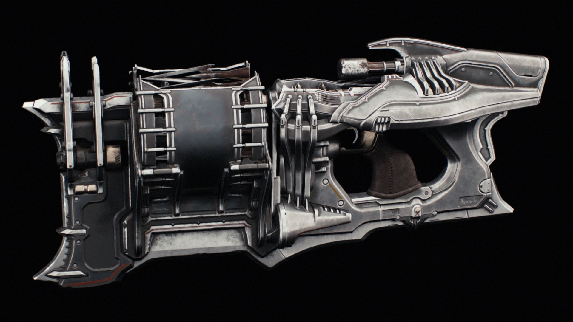 The image shows a weapon from Doom: The Dark Ages that resembles a submachine gun. It has large slot for buttlets in the frontal part. The image shows a weapon from Doom: The Dark Ages that resembles a submachine gun. It has large slot for buttlets in the frontal part.