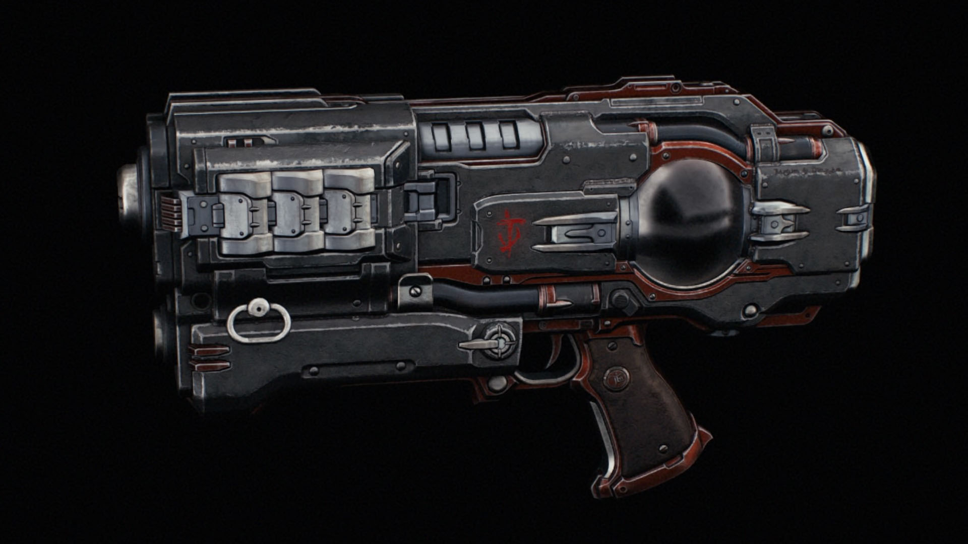A small pistol with details in red. It shoots plasma projectiles. There is a sphere of glass in the pistol’s body, where the plasma is kept during fights in Doom: The Dark Ages. A small pistol with details in red. It shoots plasma projectiles. There is a sphere of glass in the pistol’s body, where the plasma is kept during fights in Doom: The Dark Ages.