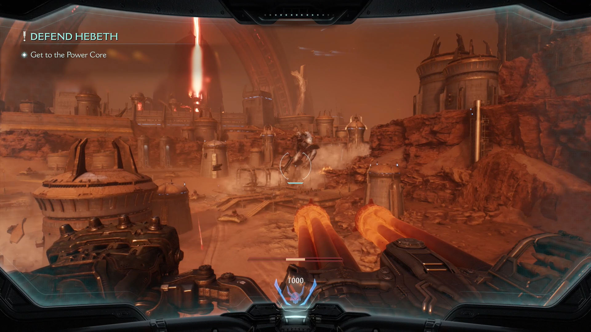 The image shows the perspective of the cockpit of the giant robot called Atlan in Doom: The Dark Ages. You can see a double-barrel machine gun. It is glowing red because the metal is heated. The image shows the perspective of the cockpit of the giant robot called Atlan in Doom: The Dark Ages. You can see a double-barrel machine gun. It is glowing red because the metal is heated.