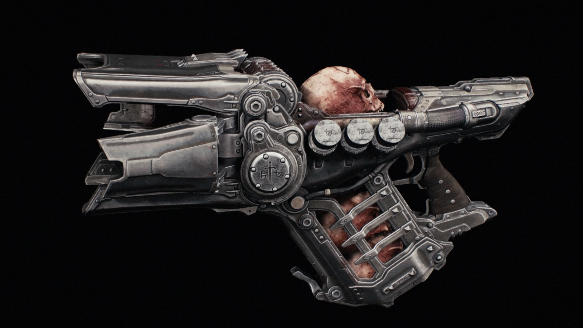 A large gun that resembles a blower. In it, there is a casket where skulls are kept. This weapon crashes the bones and shoots the shards instead of using regular ammo. A grim gun in Doom: The Dark Ages. A large gun that resembles a blower. In it, there is a casket where skulls are kept. This weapon crashes the bones and shoots the shards instead of using regular ammo. A grim gun in Doom: The Dark Ages.