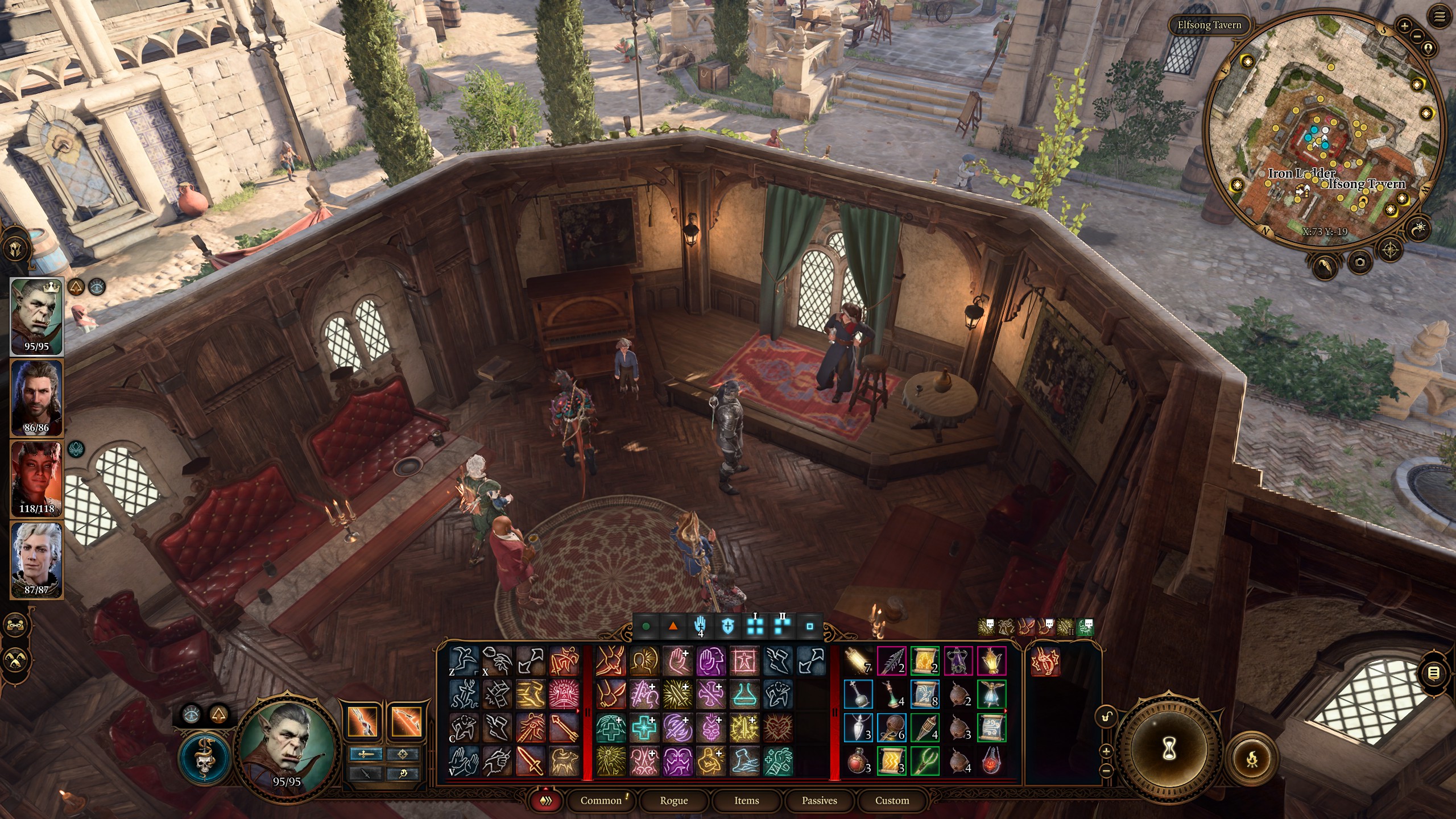 Baldur's Gate 3 Elfsong Tavern interior showing comedy show