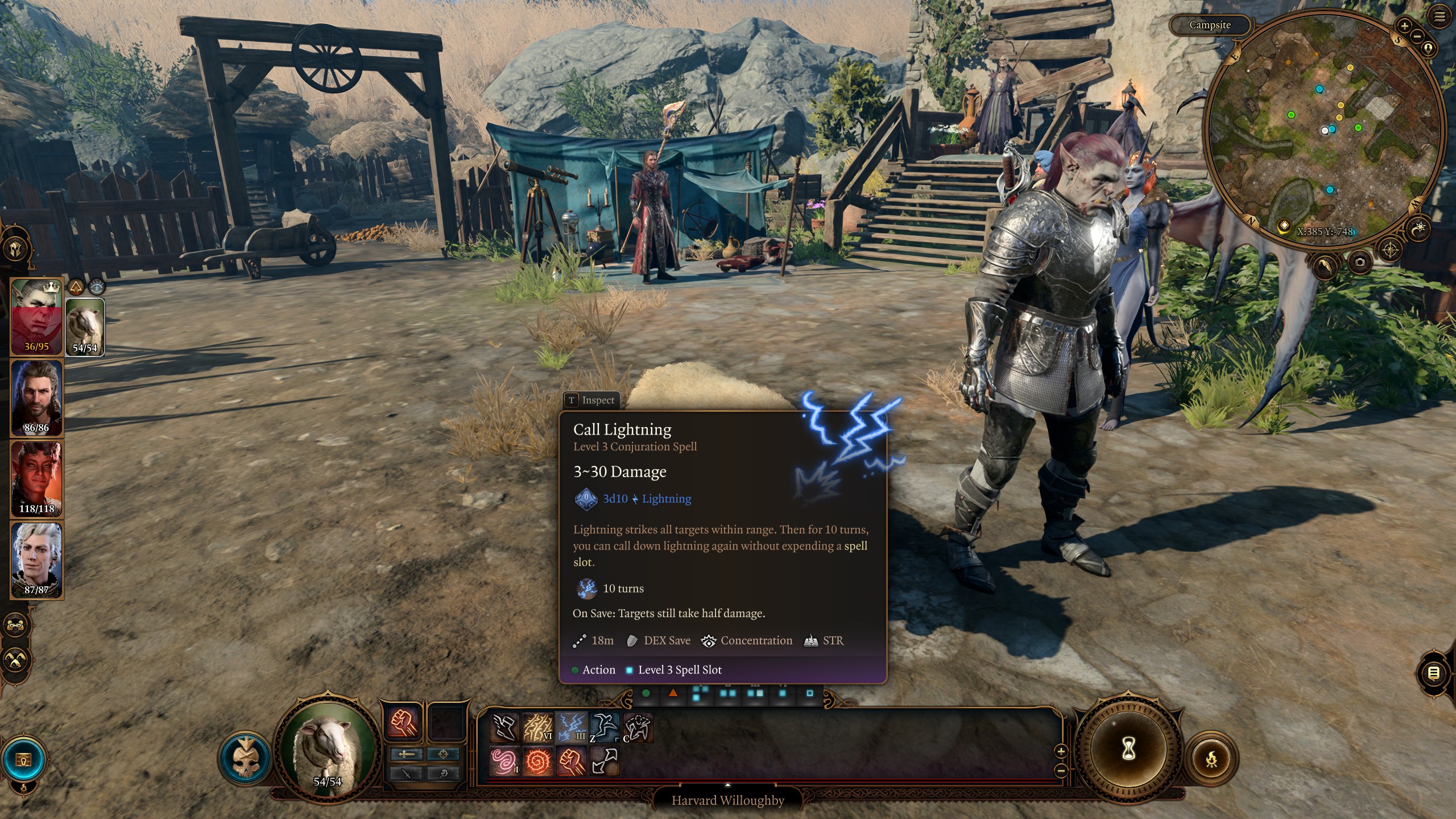 Image of BG3 sheep Harvard Willoughby with tooltip for his Call Lightning spell highlighted