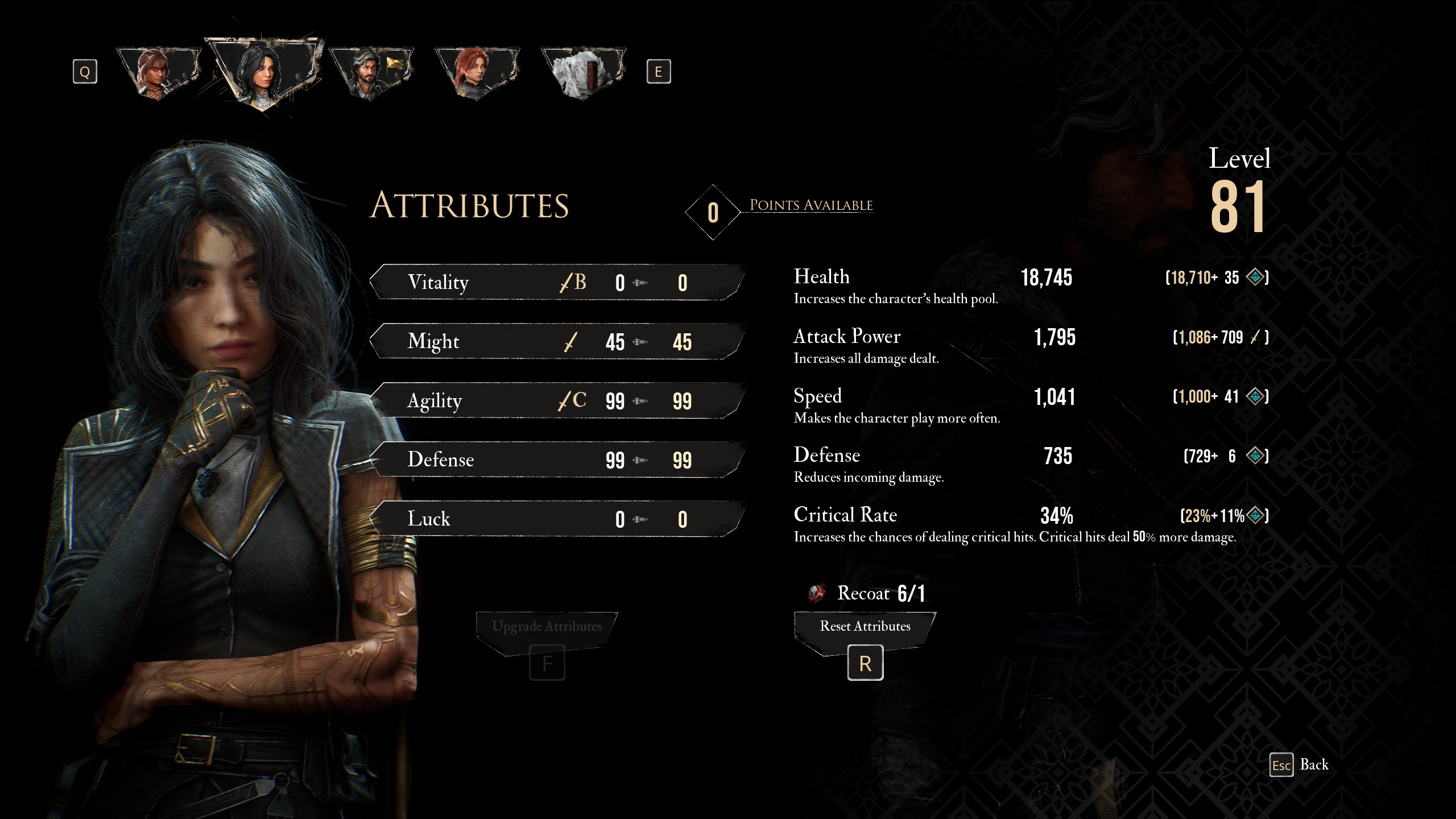 A menu shows the best Lune build attributes in Clair Obscur Expedition 33