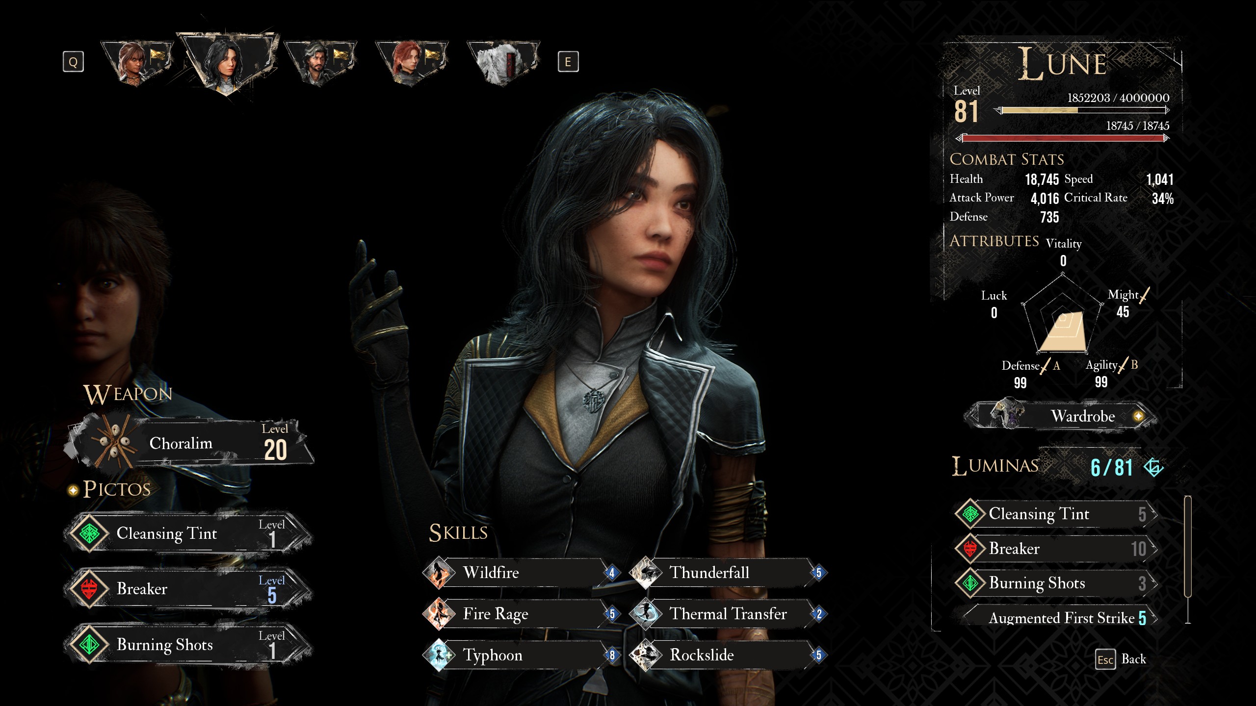 A menu shows the best Pictos and Luminas builds for Lune in Clair Obscur Expedition 33