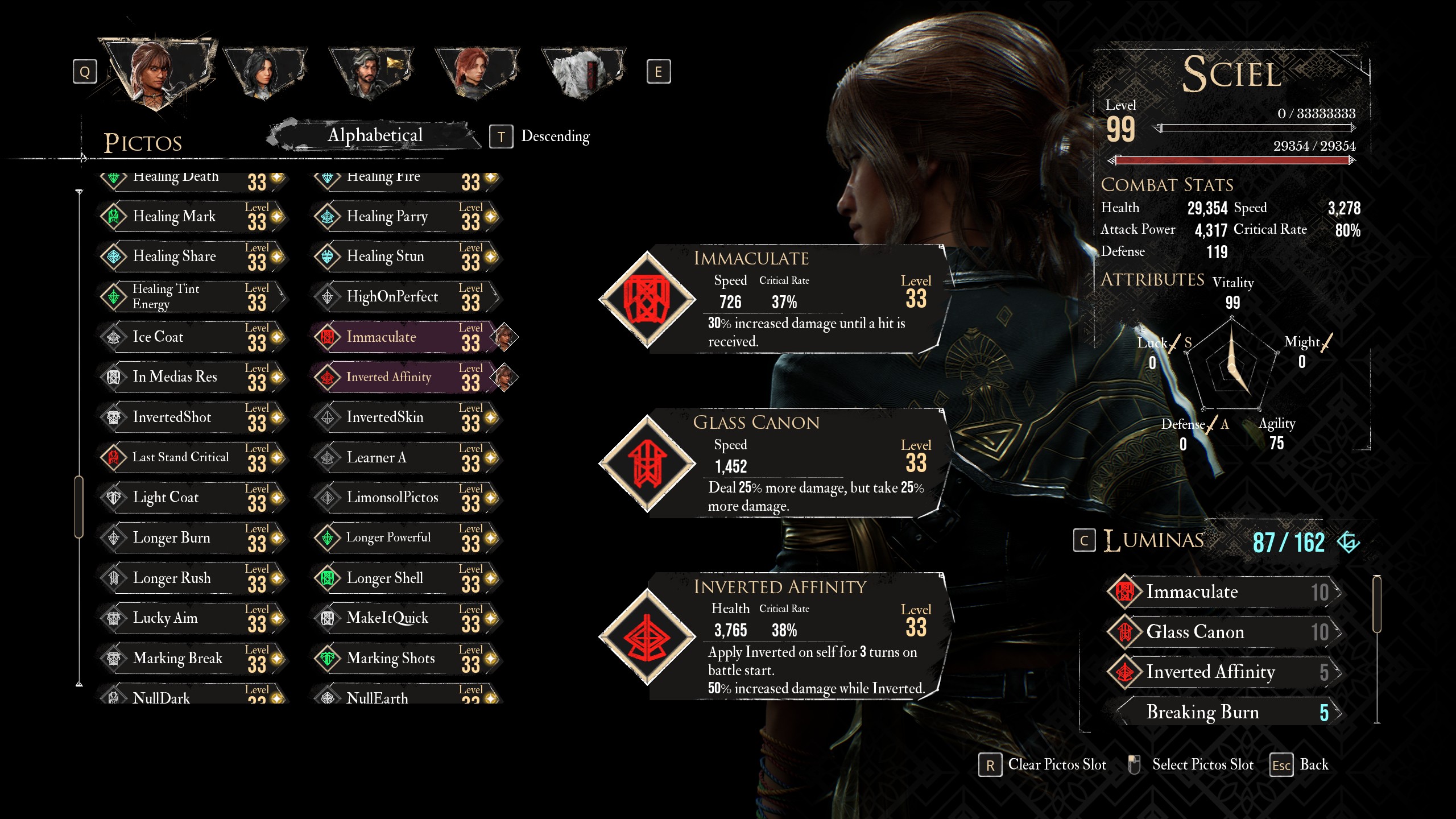 A menu shows the best pictos and luminas for Sciel in Clair Obscur Expedition 33 A menu shows the best pictos and luminas for Sciel in Clair Obscur Expedition 33