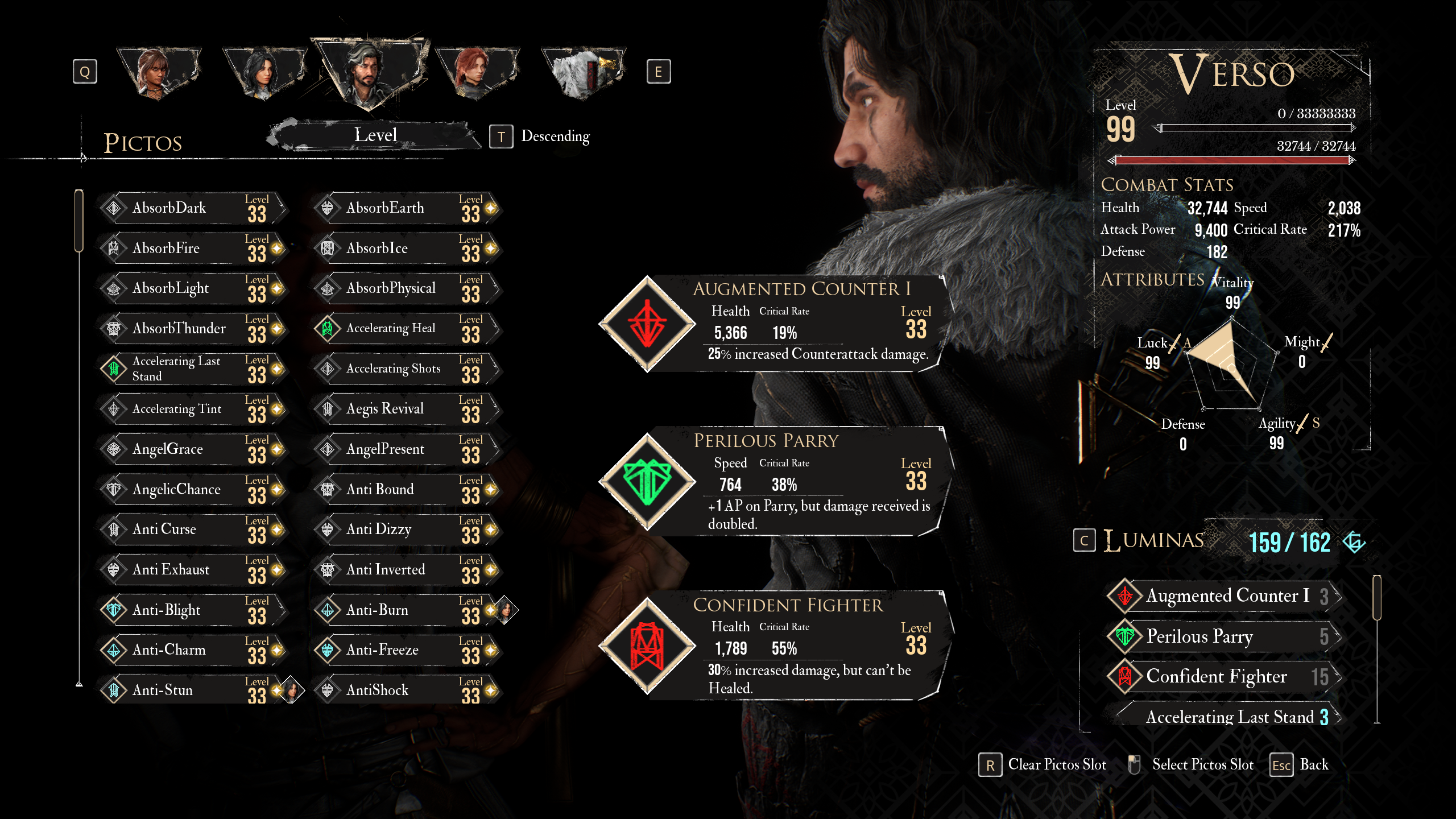 A menu shows the best Pictos and Luminas for Verso in the best Verso build in Clair Obscur Expedition 33 A menu shows the best Pictos and Luminas for Verso in the best Verso build in Clair Obscur Expedition 33
