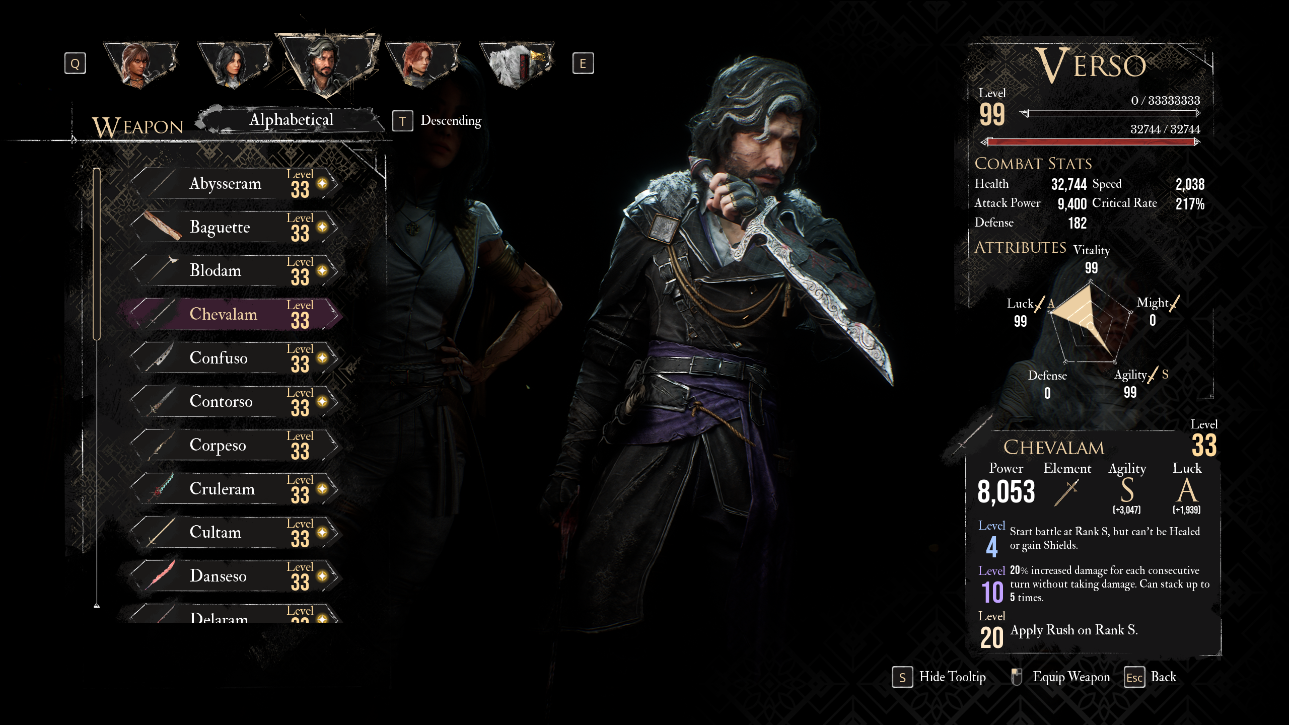 A menu shows the best weapon for Verso in the best Verso build in Clair Obscur Expedition 33 A menu shows the best weapon for Verso in the best Verso build in Clair Obscur Expedition 33