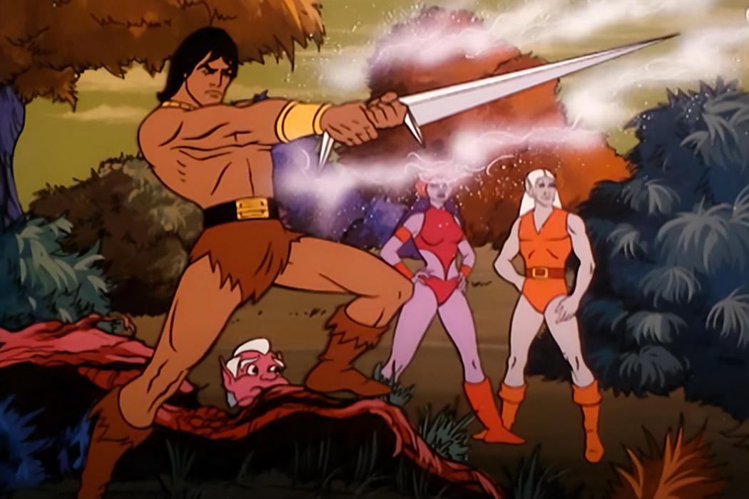 Blackstar, a brown-skinned, black-haired man in a fur loincloth, blasts something off screen with his crystalline Star Sword, while his allies watch, in an episode of Blackstar