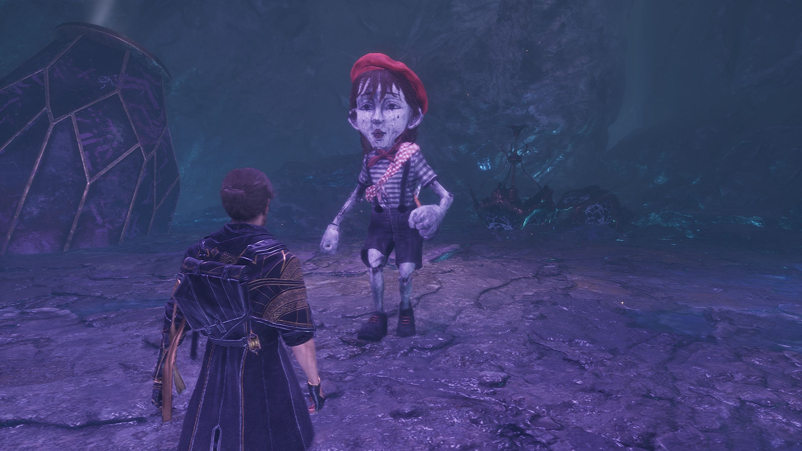 Gustave faces a menacing mannequin dressed as a French stereotype in beret and striped shirt