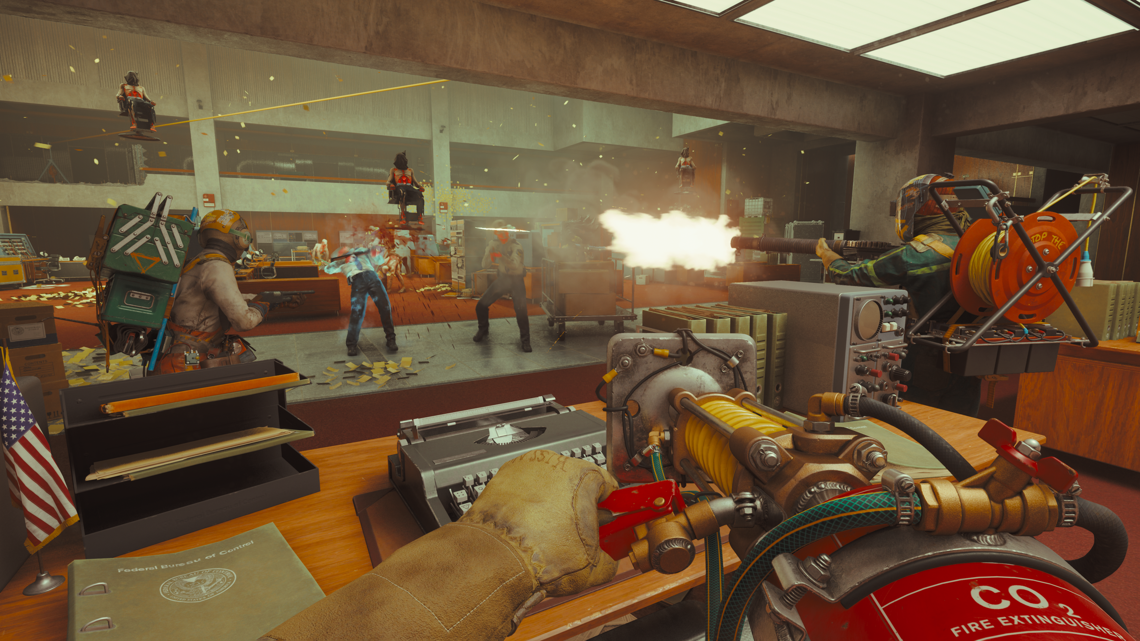 A chaotic battle in an office in FBC: Firebreak.