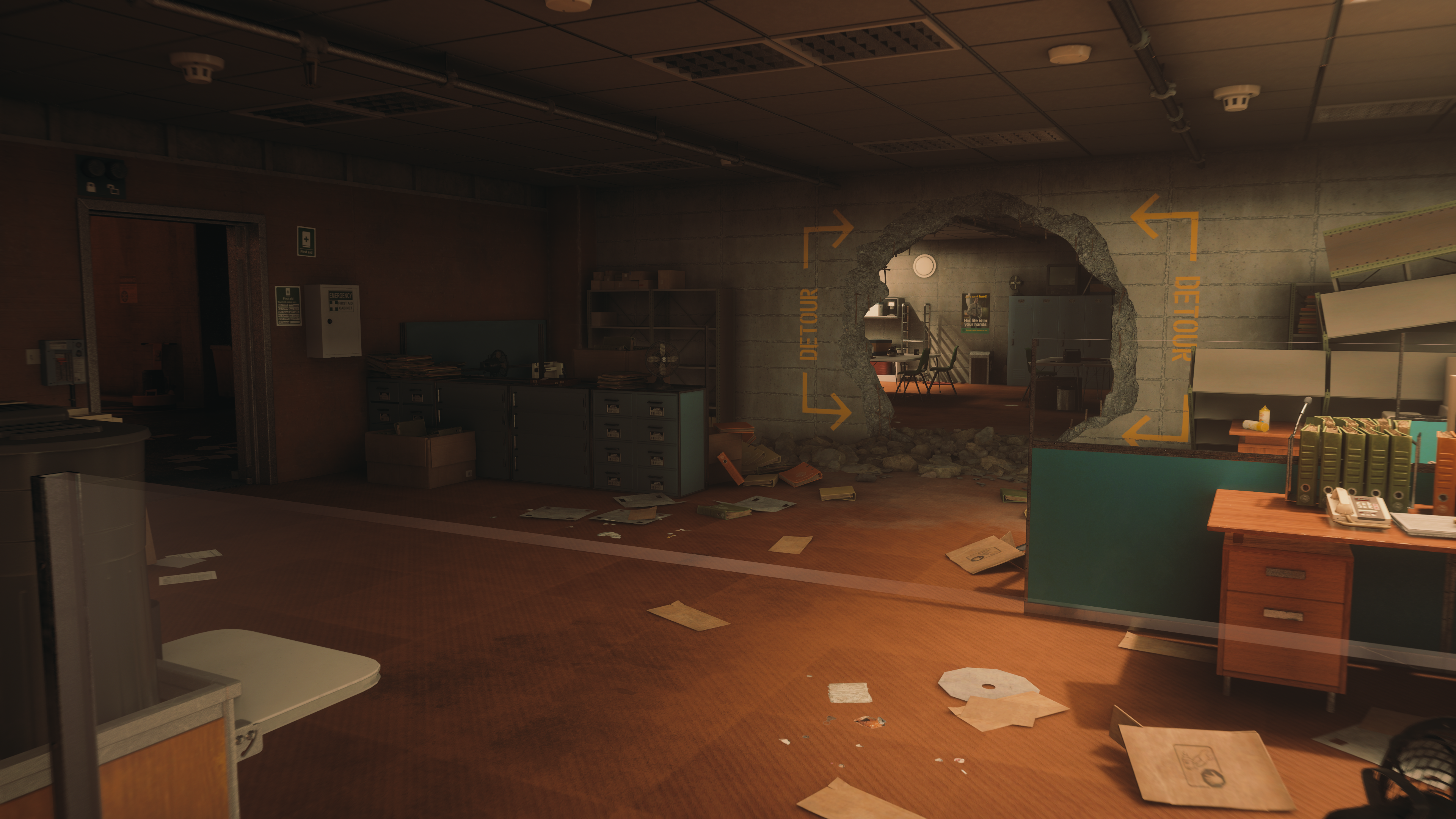 An office with a breached wall in FBC: Firebreak.