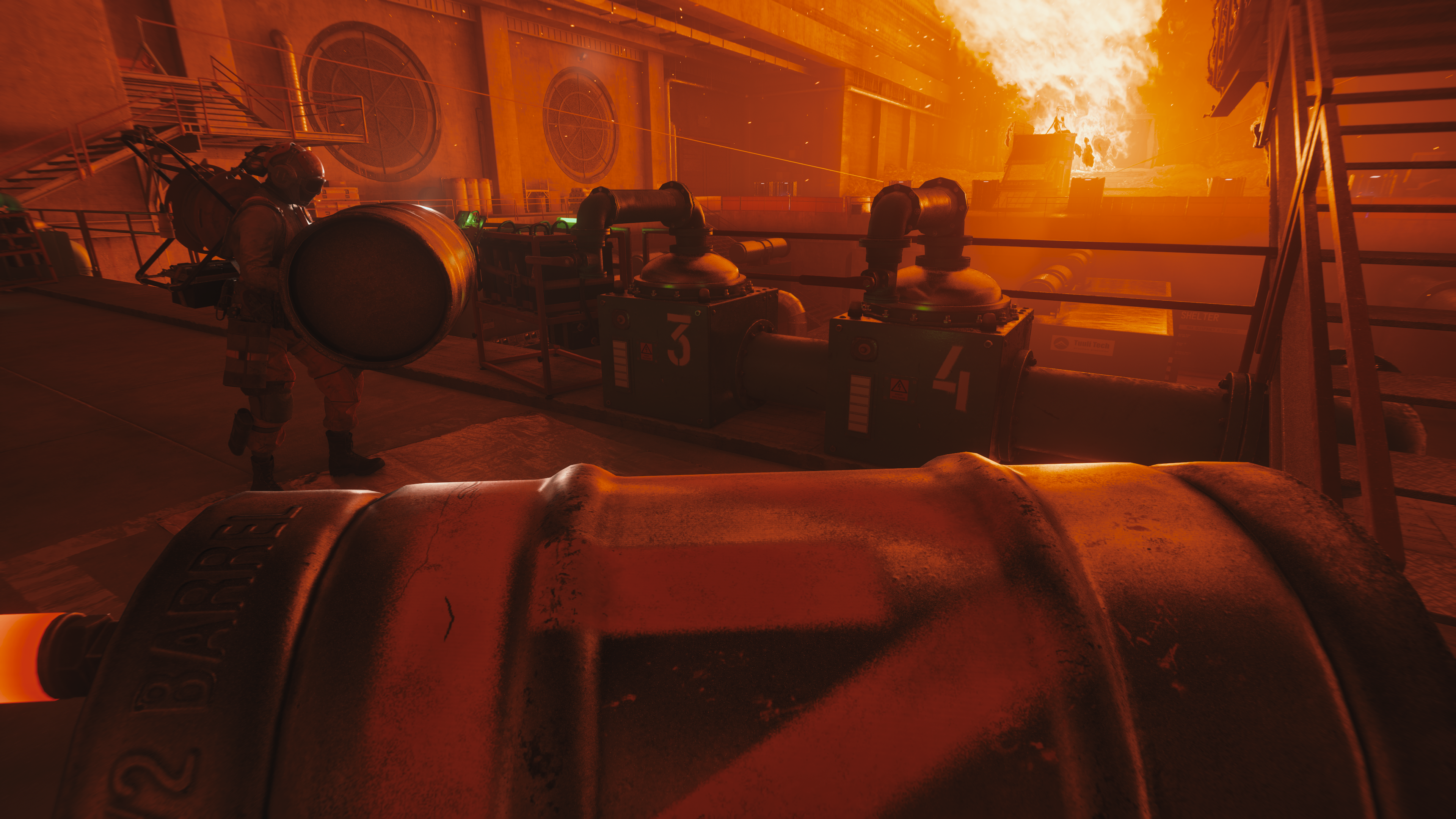 Carrying a barrel to throw into a large, dangerous furnace in FBC: Firebreak.