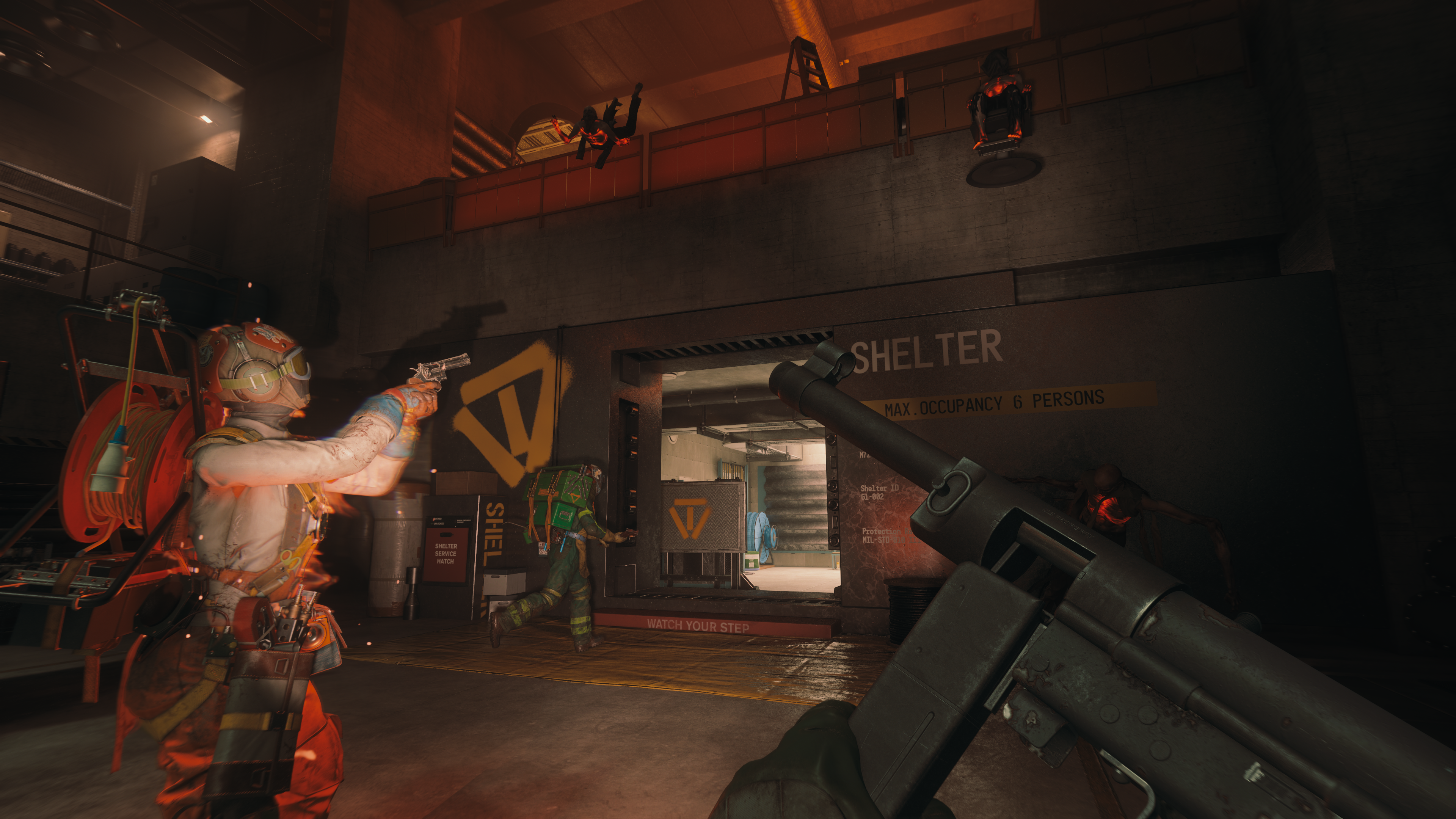 Characters approaching a shelter room in FBC: Firebreak.