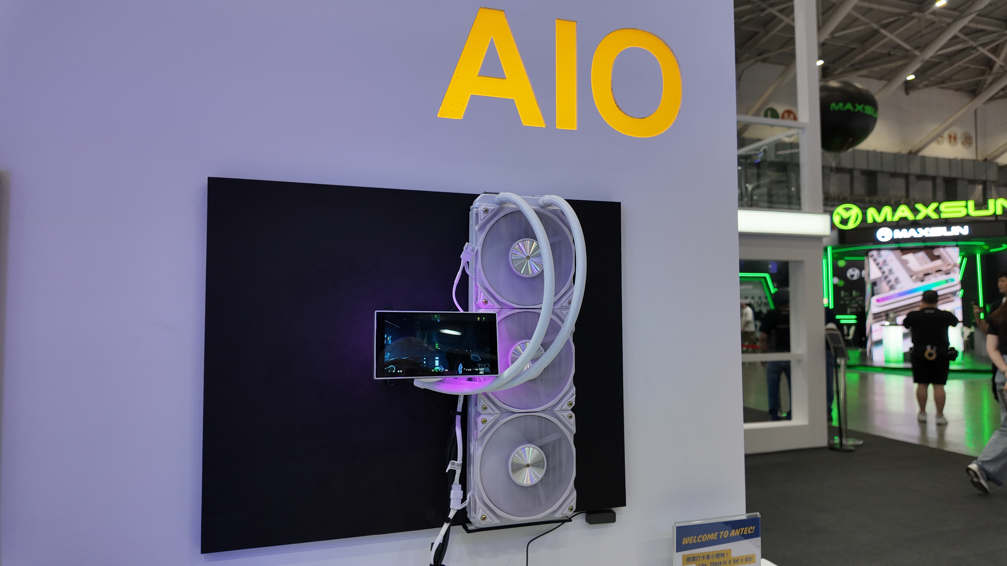 The Antec Vortex View prototype liquid cooler on display at Antec's booth at Computex 2025.