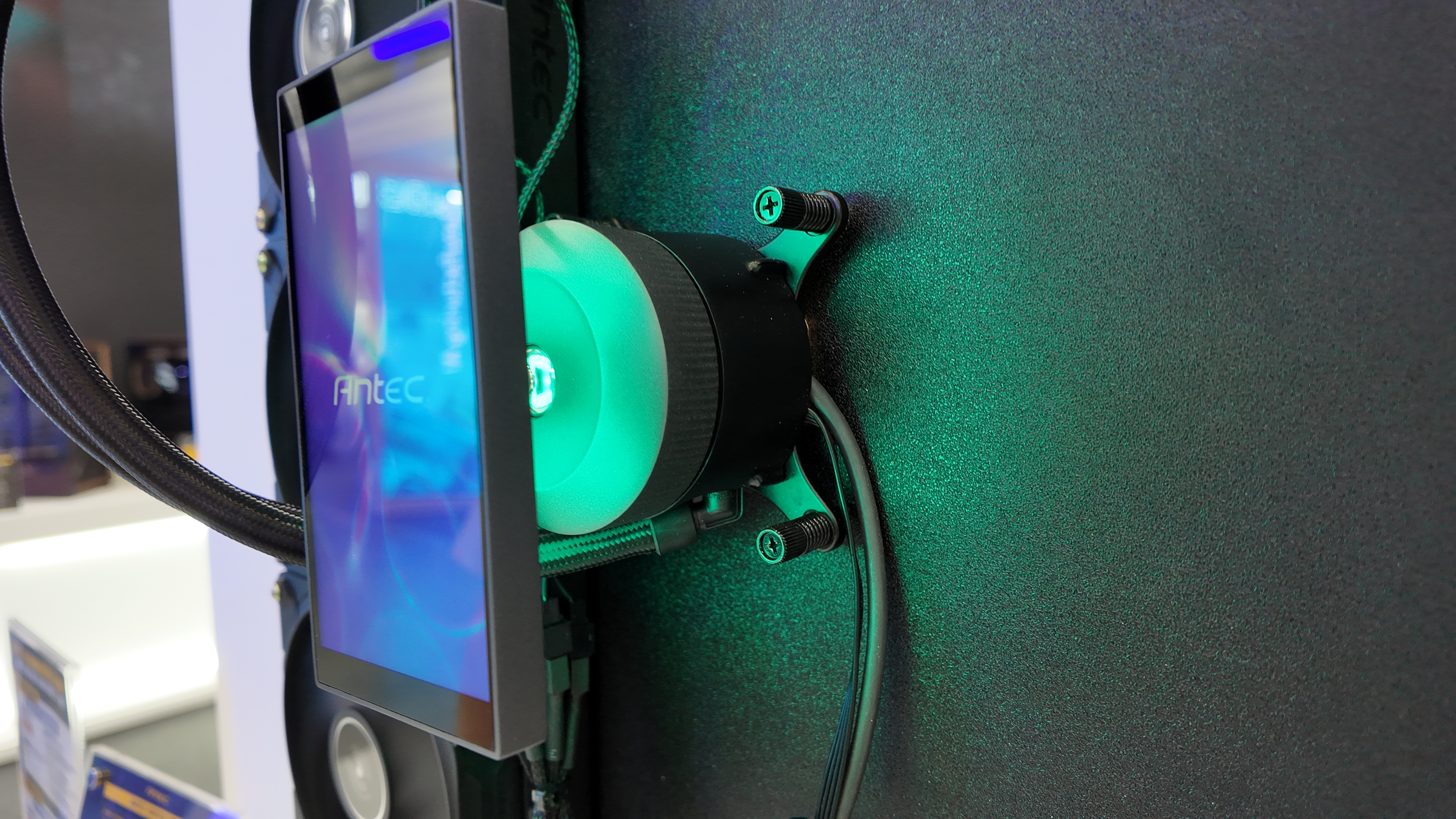 The Antec Vortex View prototype liquid cooler on display at Antec's booth at Computex 2025.