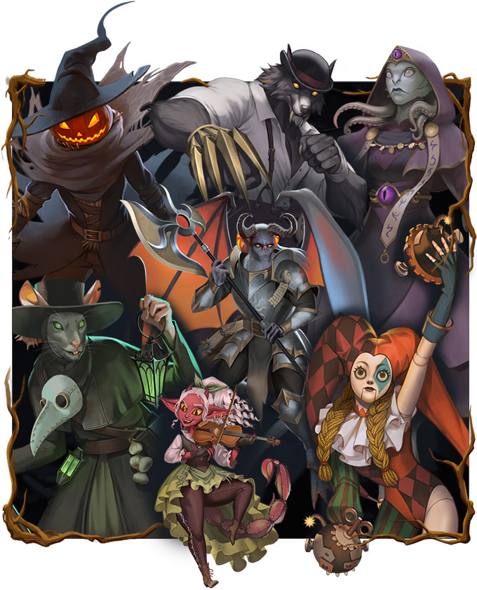 An image batching together characters from the Crooked Moon setting, including a pumpkin-headed Harvestborn, a plague-doctor-costumed humanoid-rat Plagueborn, a werewolf in suspenders and a button-down shirt, sporting a set of Freddy Krueger claws on one hand, and various other monstrous creatures An image batching together characters from the Crooked Moon setting, including a pumpkin-headed Harvestborn, a plague-doctor-costumed humanoid-rat Plagueborn, a werewolf in suspenders and a button-down shirt, sporting a set of Freddy Krueger claws on one hand, and various other monstrous creatures