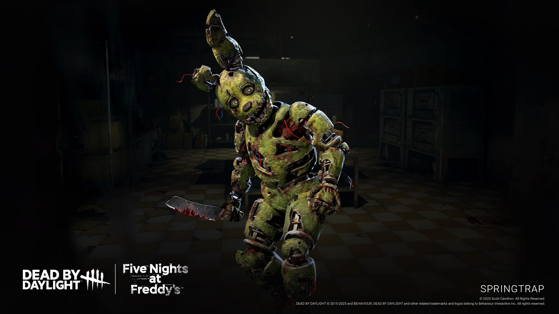 Springtrap, the new Killer headed to Dead by Daylight from Five Night's at Freddy's. He's wearing his Yelow Rabbit costume and holding an axe, looking more like the Springtrap that appears in the FNAF movie.