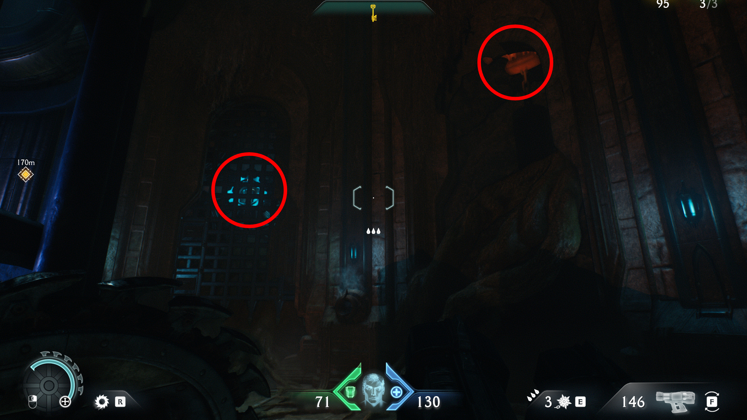 Doom: The Dark Ages Abyssal Forest secrets - Two circles bringing attention to a lock and a switch which need to be used to unlock the Witch toy.