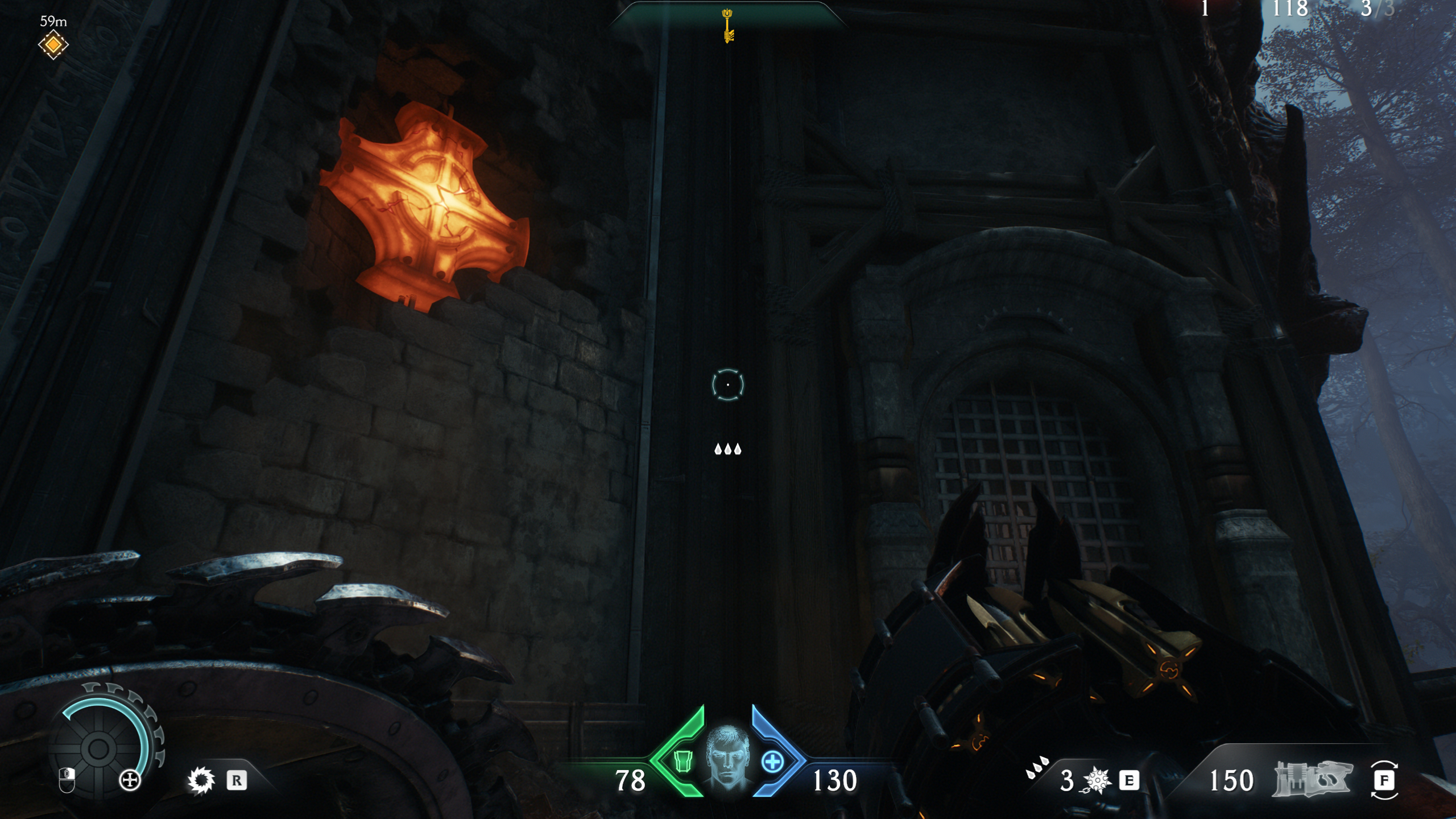 Doom: The Dark Ages Abyssal Forest secrets - A large lock hidden in the castle wall next to a locked gate.