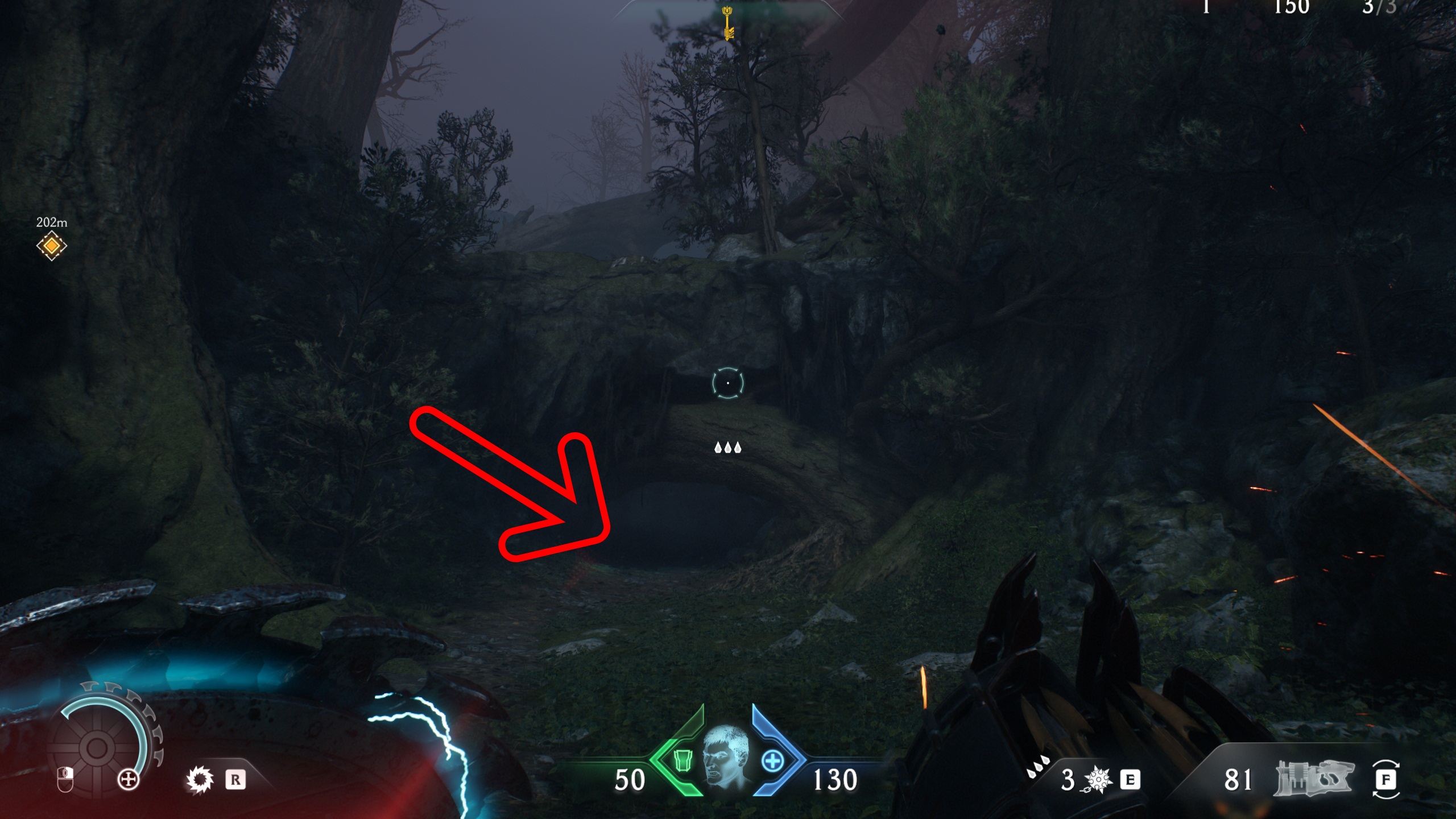 Doom: The Dark Ages Abyssal Forest secrets - An arrow pointing to a shadowy nook under a path in the woods.