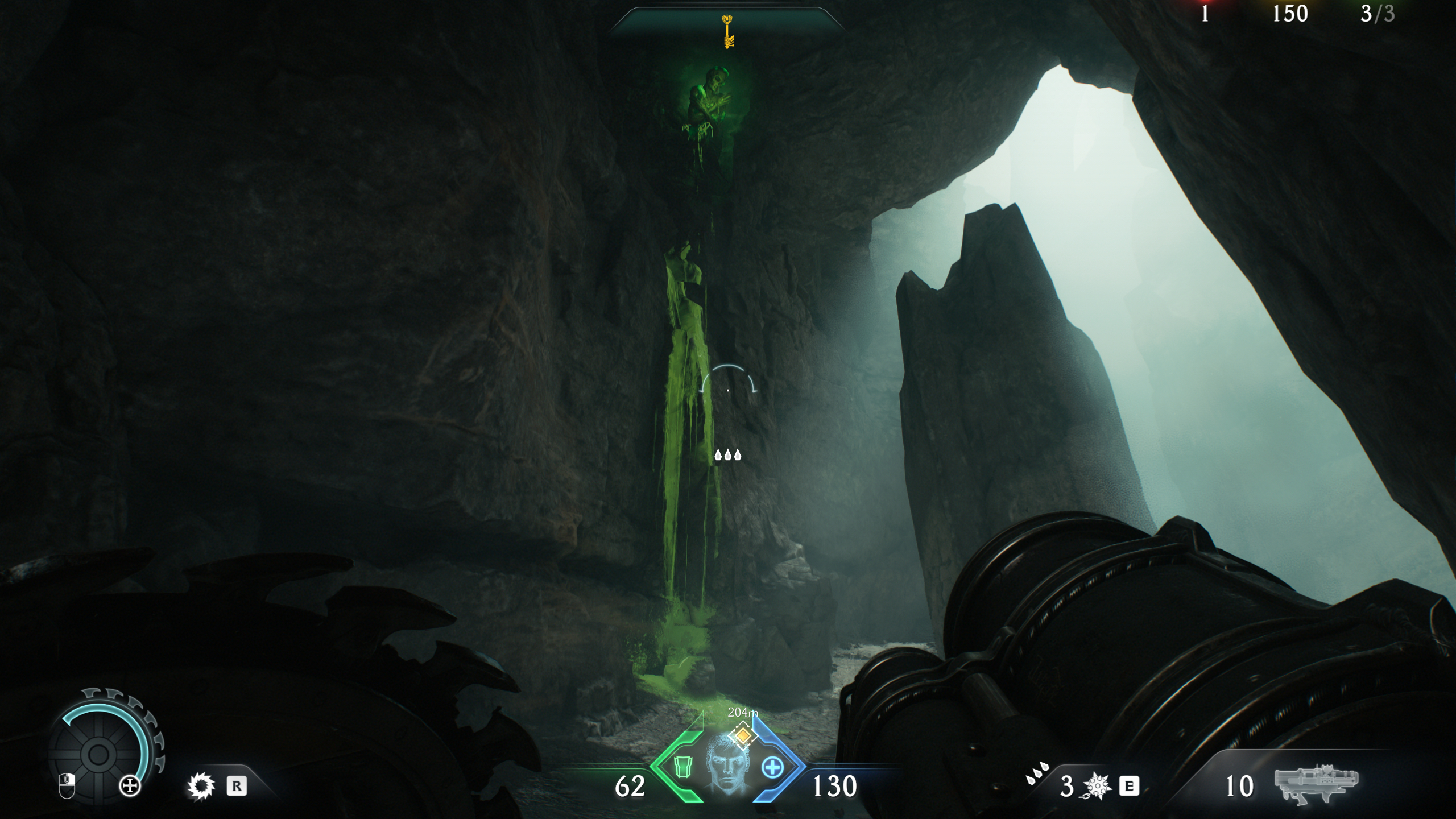 Doom: The Dark Ages Abyssal Forest secrets - A shield jumping location inside a cave, with green gloop on the walls.