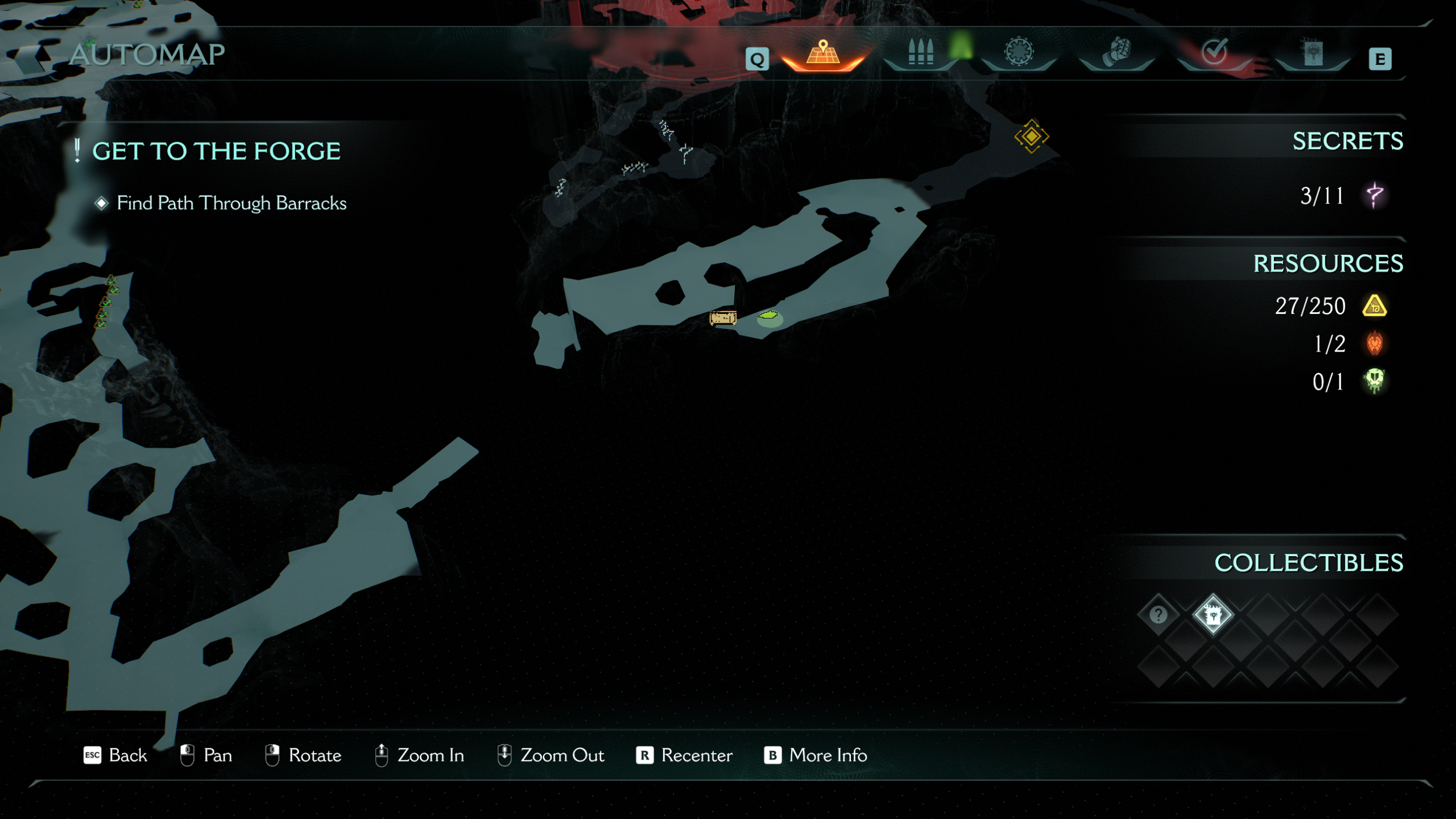 Doom: The Dark Ages Abyssal Forest secrets - A map showing a gold chest at the end of a path before a big gap.