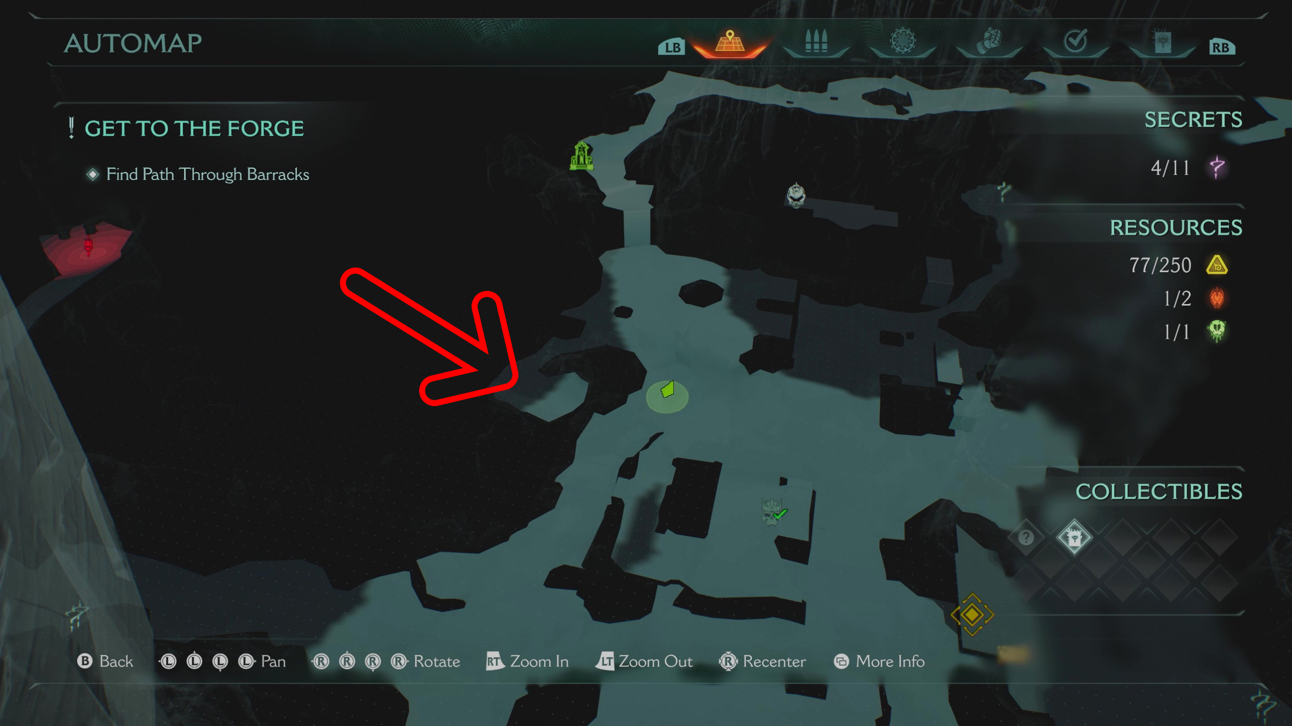 Doom: The Dark Ages Abyssal Forest secrets - A map pointing to the location of a hill where you can see a hanging statue.